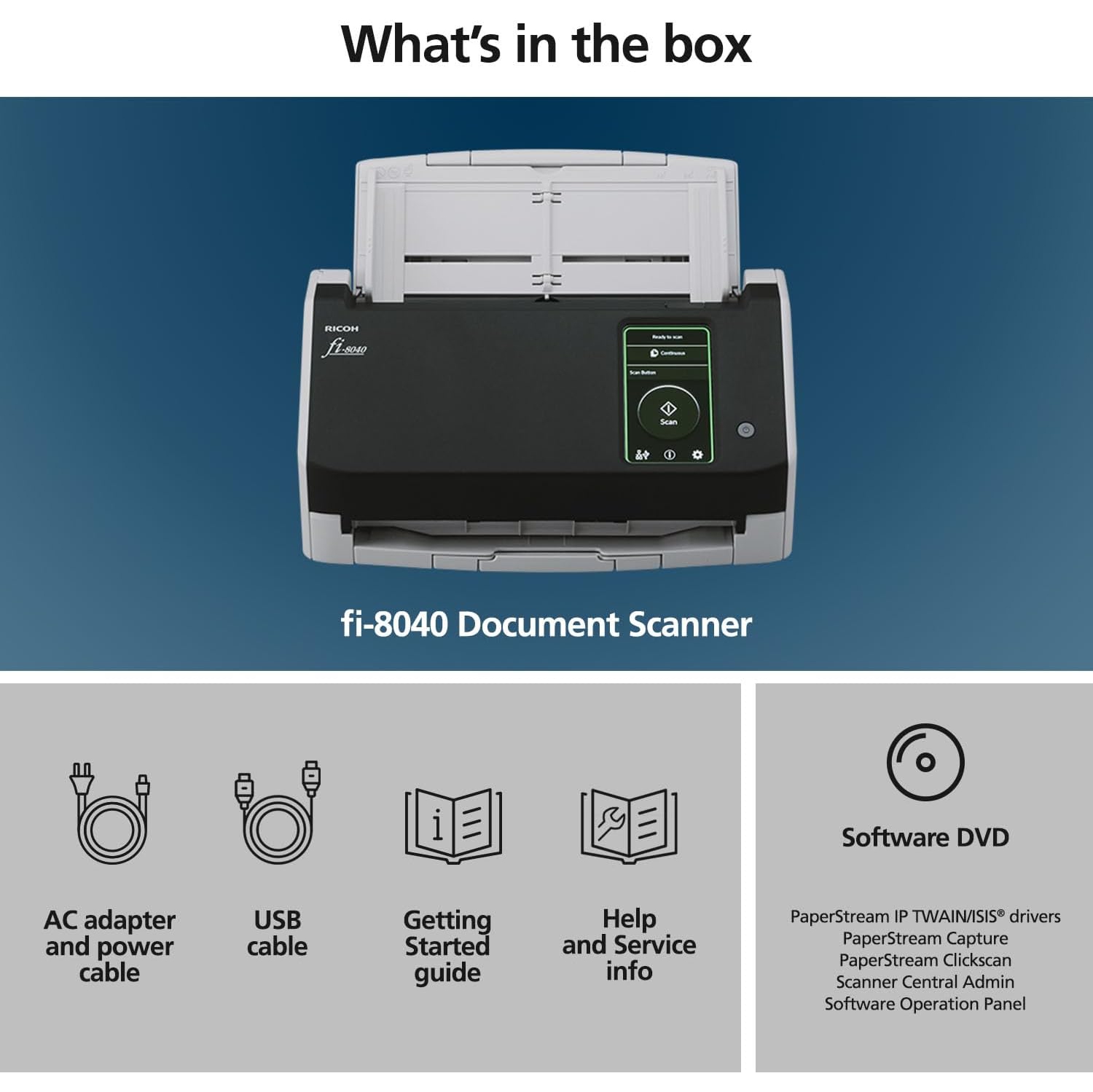 Numériseur de documents recto verso Fujitsu fi‑8040 – Connectivité réseau haute vitesse et USB – 600&nbsp;ppp, alimentateur automatique de documents