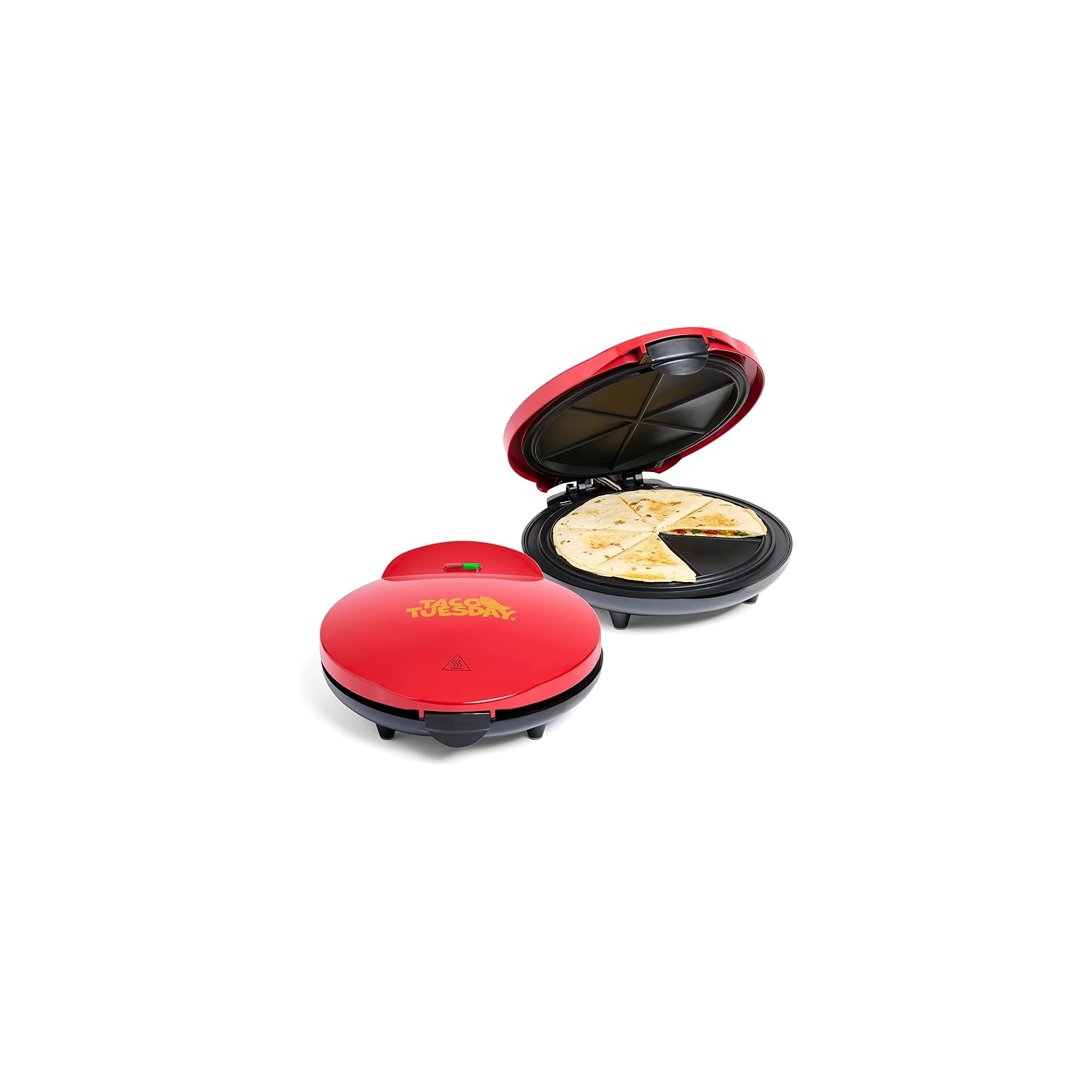 Taco Tuesday Deluxe 10-inch 6-Wedge Electric Quesadilla Maker with Extra Stuffing Latch, Red