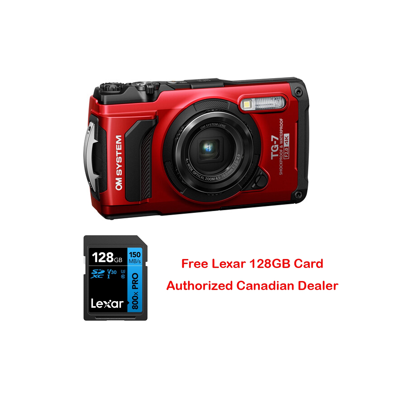 OM System TG-7 Tough Red Shockproof Waterproof Camera with BONUS 128GB Card