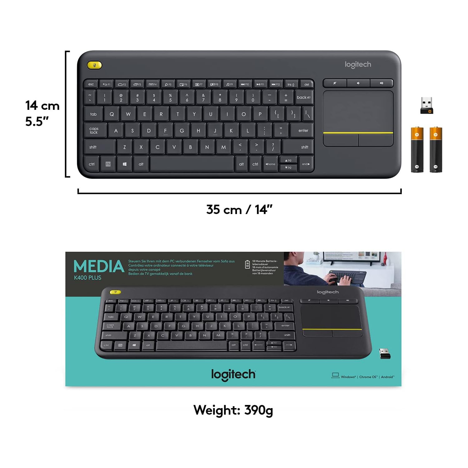 Logitech K400 Plus Wireless Touch TV Keyboard With Easy Media Control and Built-in Touchpad, HTPC Keyboard for PC-connected TV, Windows, Android,