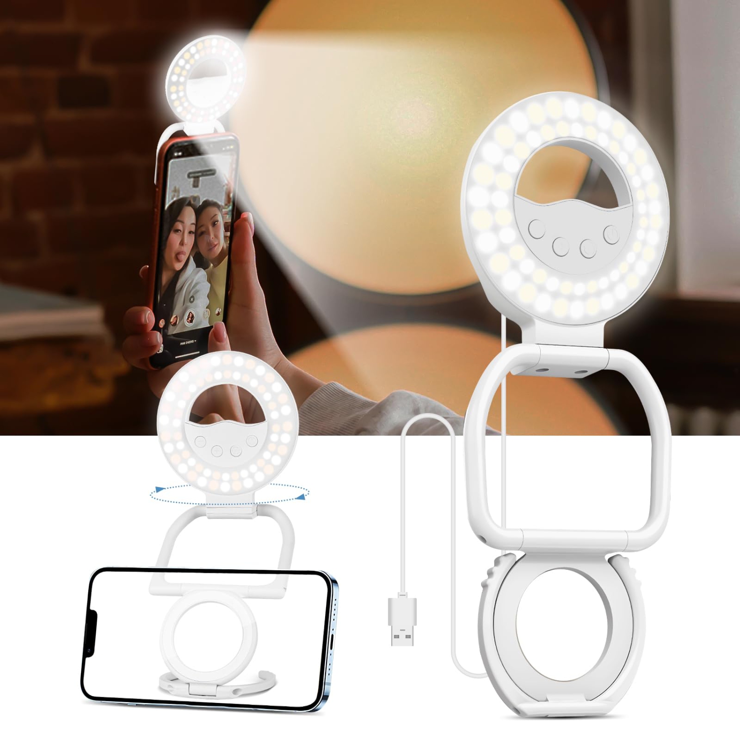 Lampes magnétiques rotatives pour égoportraits, anneau lumineux pour égoportraits pour appareil photo de portable iPhone, lampe photo portative pour