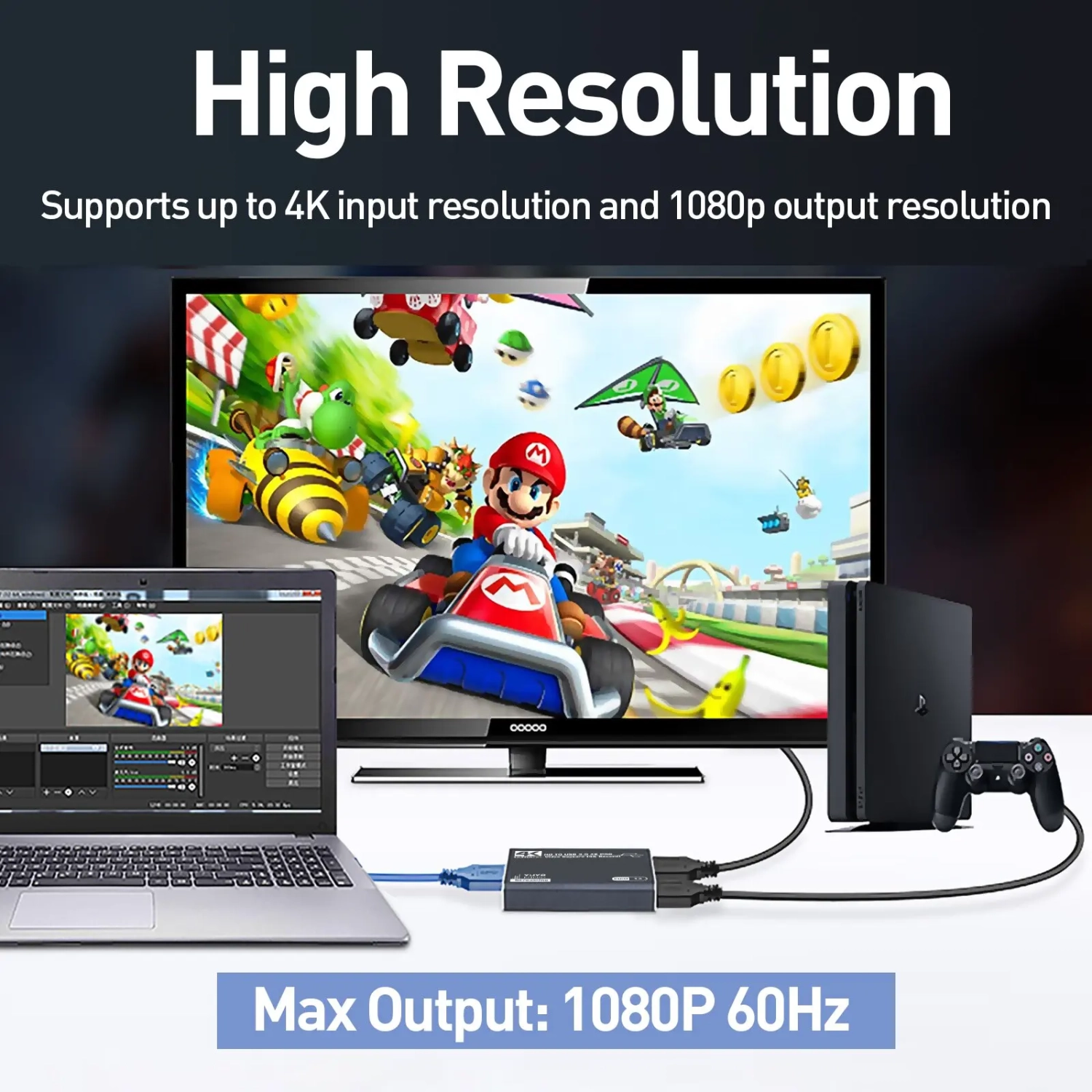 Carte de saisie 4K grise pour la diffusion en continu, l'enregistrement et les jeux vidéo – Appareil de saisie vidéo HDMI avec USB 3,0, 1080p ,