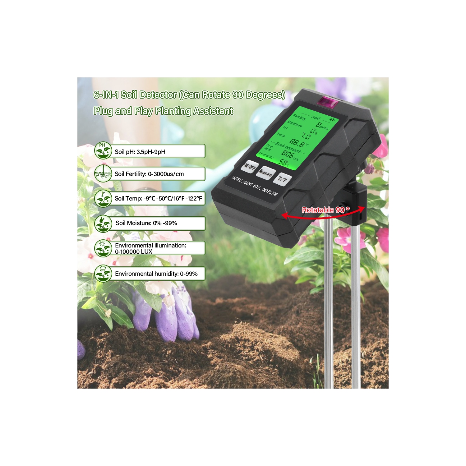 6-en-1 Lumière solaire Humidité PH Compteur Température Humidité Grainité Jardin Plantes Flowers Tester Humidité Capteur d'humidité Sol