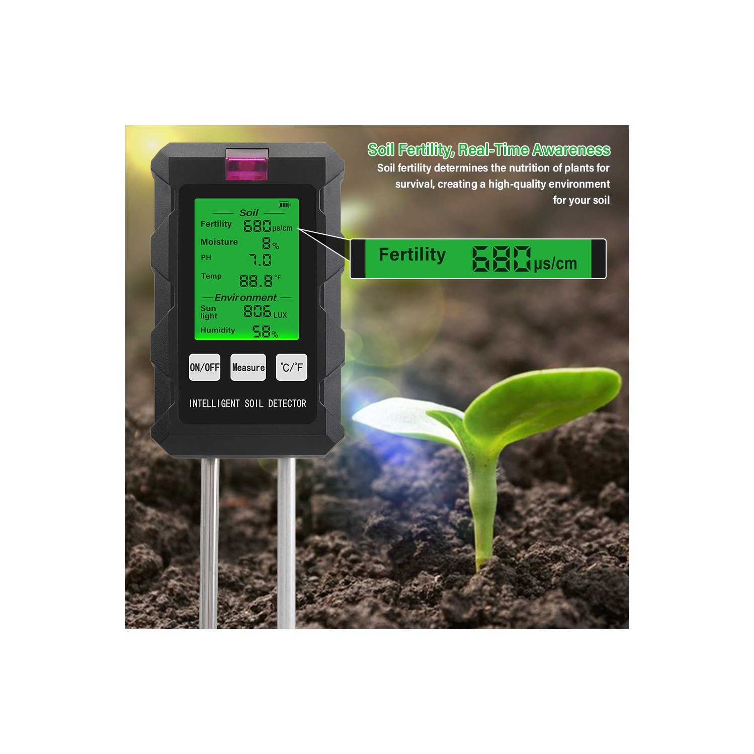 6-en-1 Lumière solaire Humidité PH Compteur Température Humidité Grainité Jardin Plantes Flowers Tester Humidité Capteur d'humidité Sol