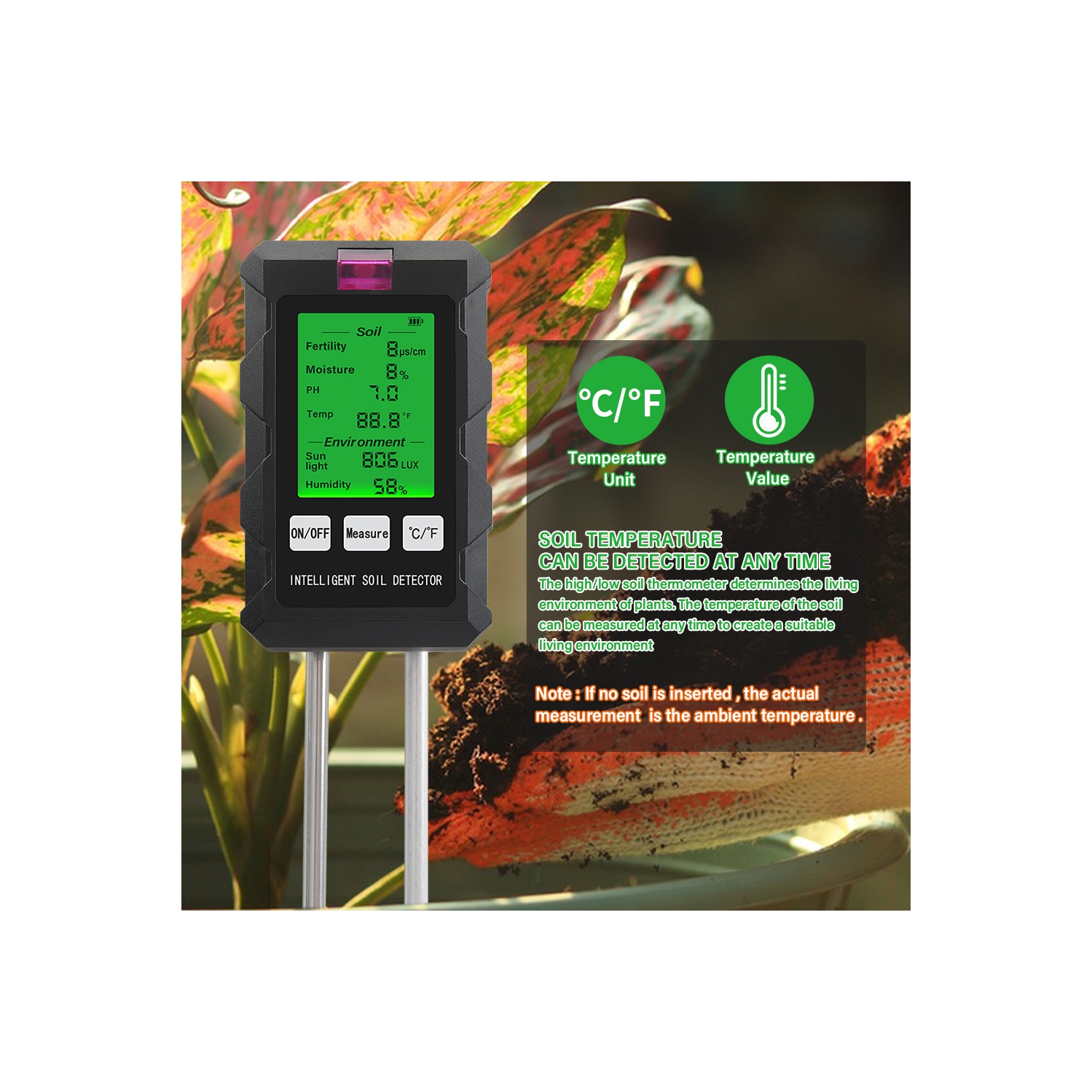 6-en-1 Lumière solaire Humidité PH Compteur Température Humidité Grainité Jardin Plantes Flowers Tester Humidité Capteur d'humidité Sol