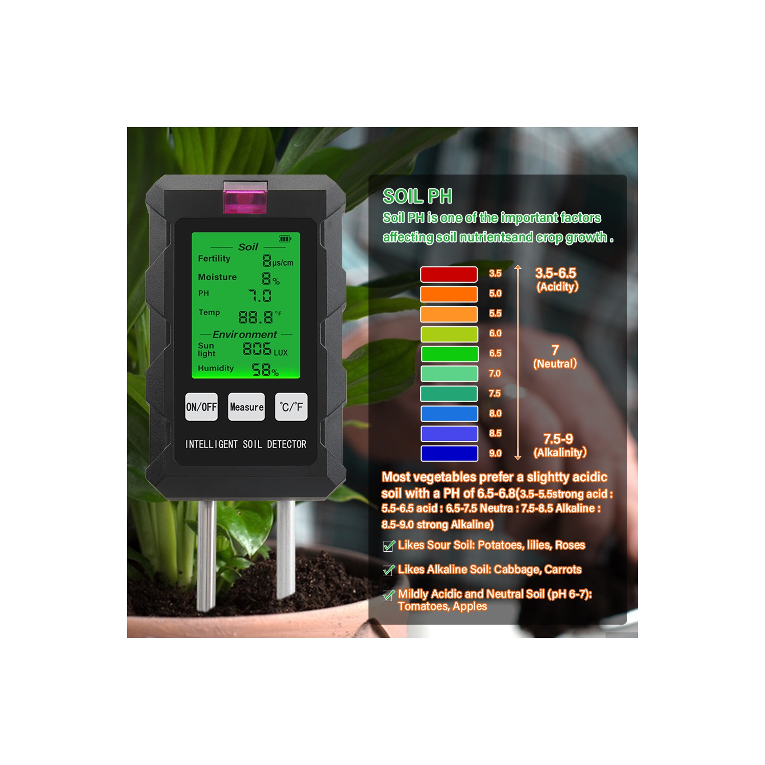 6-en-1 Lumière solaire Humidité PH Compteur Température Humidité Grainité Jardin Plantes Flowers Tester Humidité Capteur d'humidité Sol