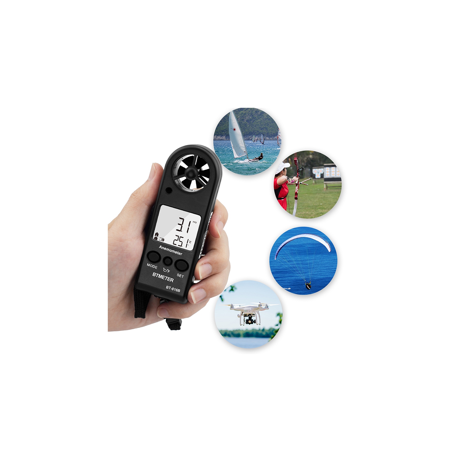 Anemomètre Compteur de vitesse du vent portatif pour mesurer la température du vent, Anémomètre Mesure pour la voile Pêche en plein air