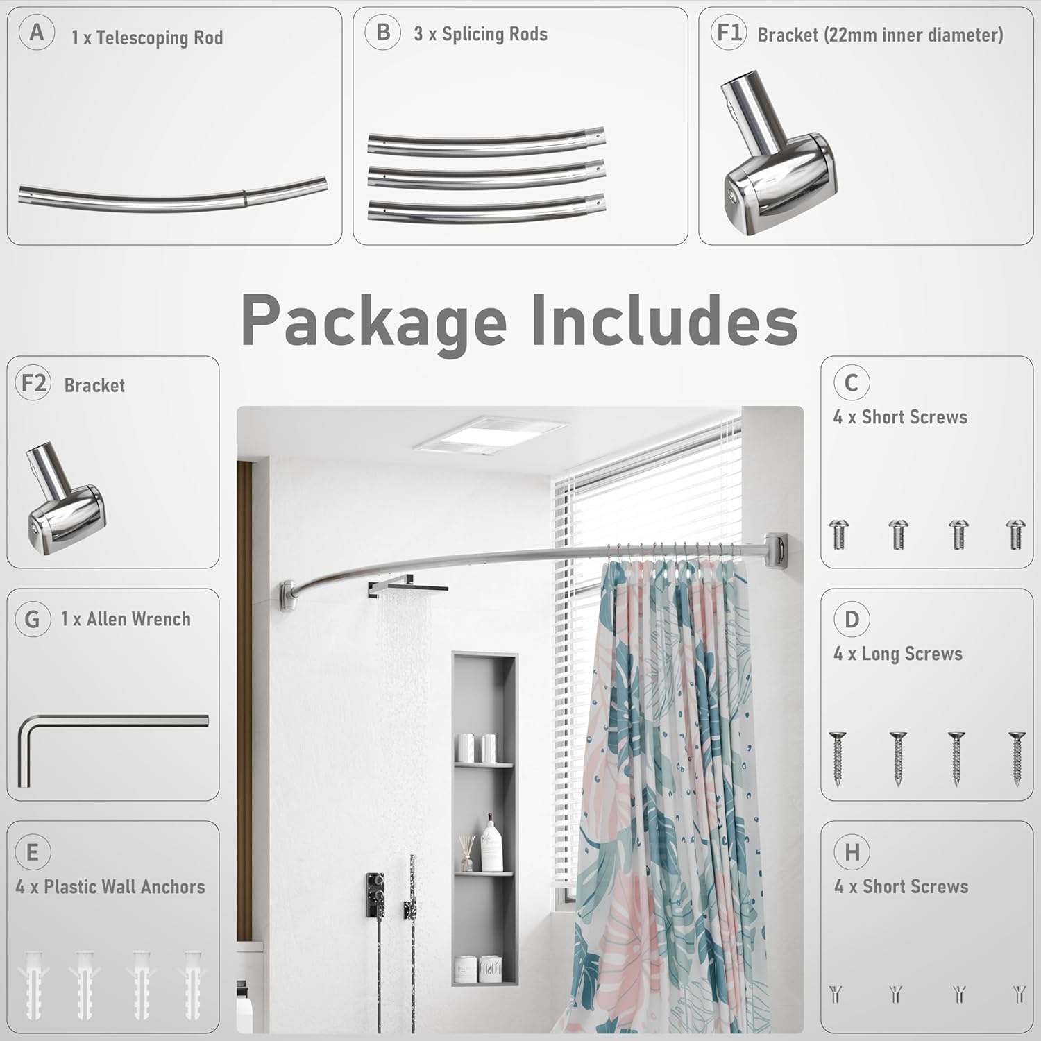 Tringle de rideau de douche incurvée 33-76 pouces tringle de douche incurvée réglable, acier inoxydable, besoin de percer