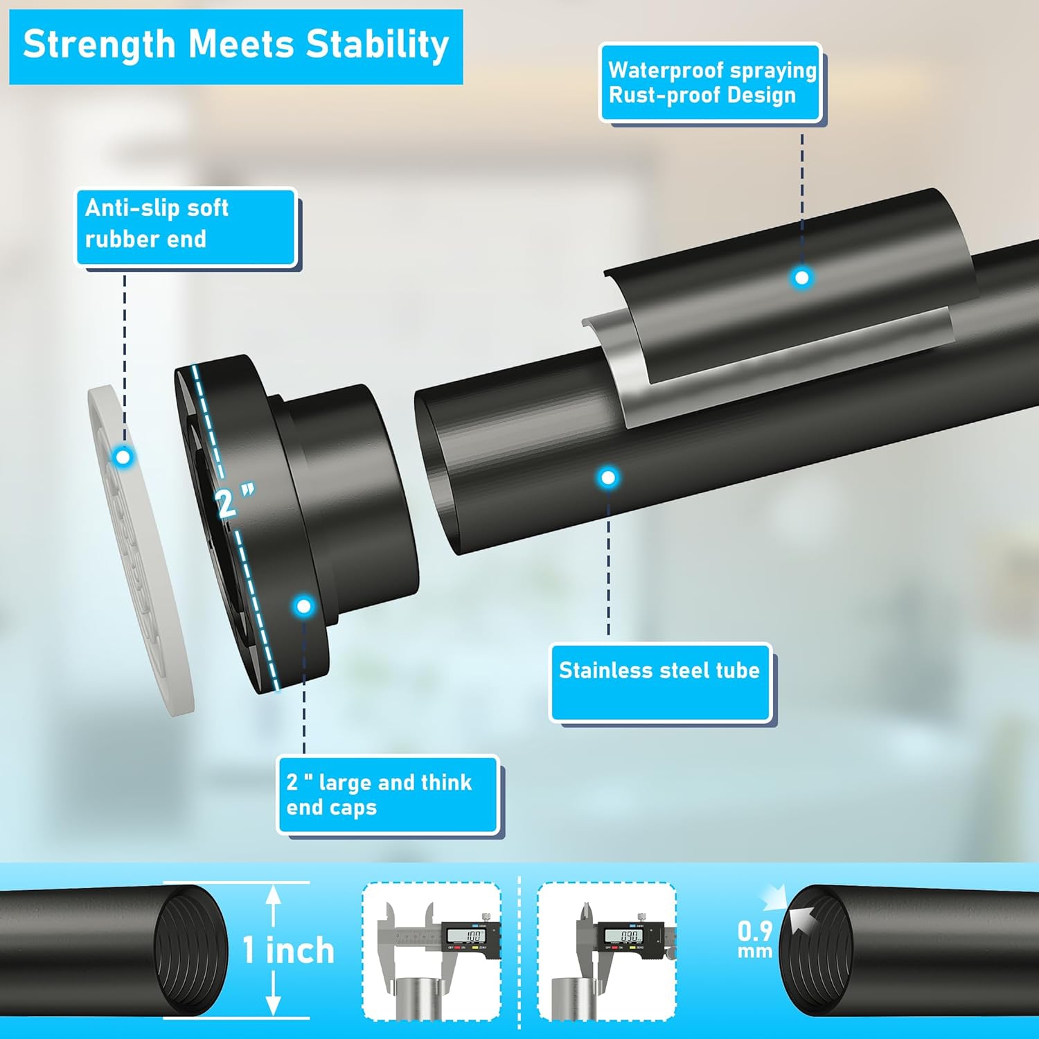 Tringle de douche robuste à tension de 1 po de diamètre, tringles de rideau de douche réglables à 32 75 po, antidérapantes, antirouille,