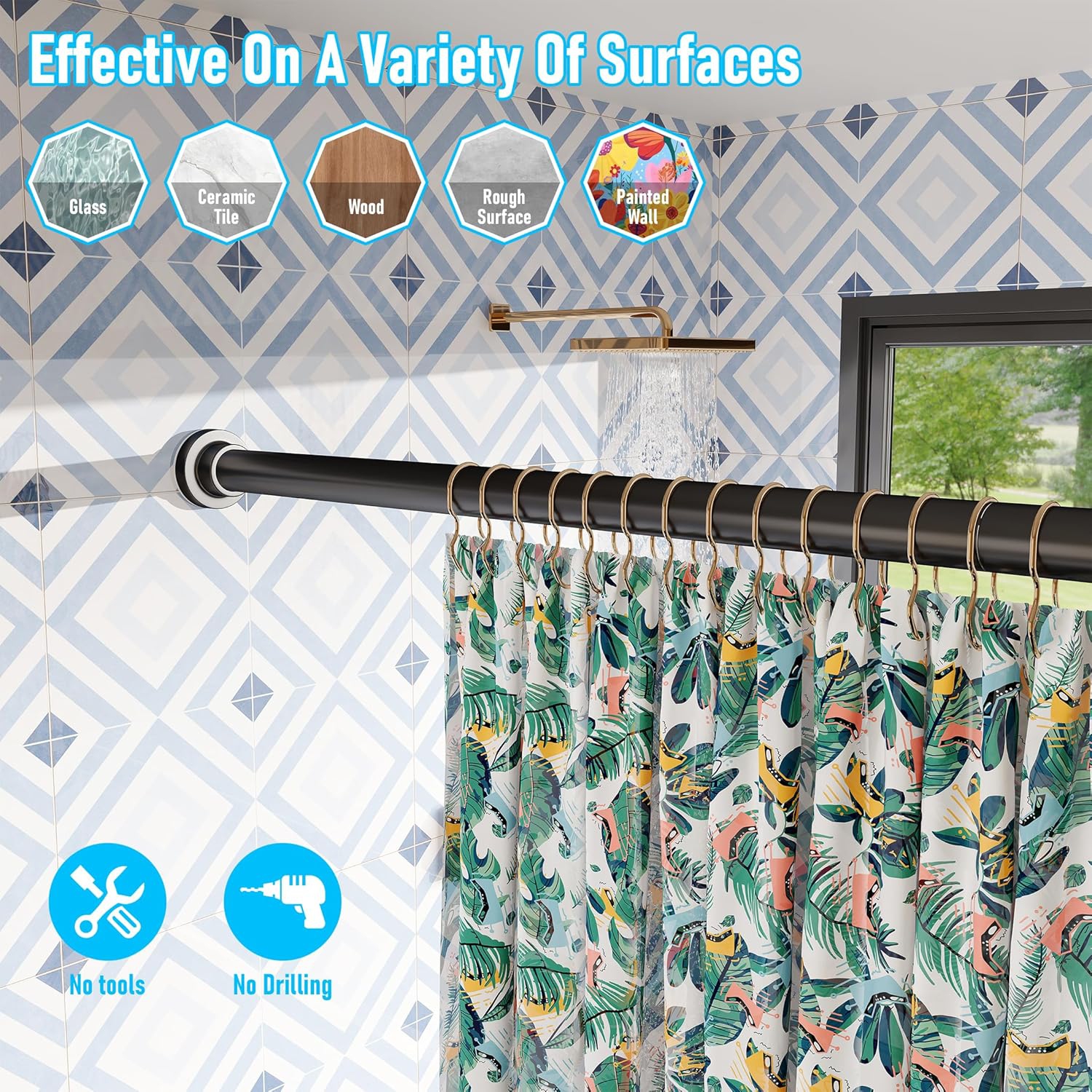 Tringle de douche robuste à tension de 1 po de diamètre, tringles de rideau de douche réglables à 32 75 po, antidérapantes, antirouille,