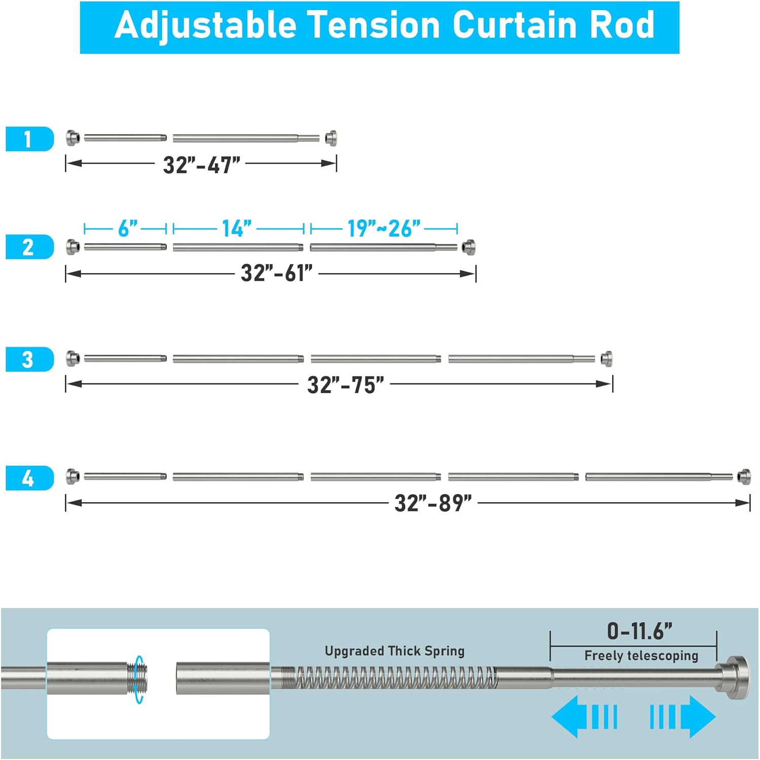 Tringle de douche robuste à tension de 1&nbsp;po de diamètre, tringles de rideau de douche réglables à 32 75&nbsp;po, antidérapantes, antirouille,