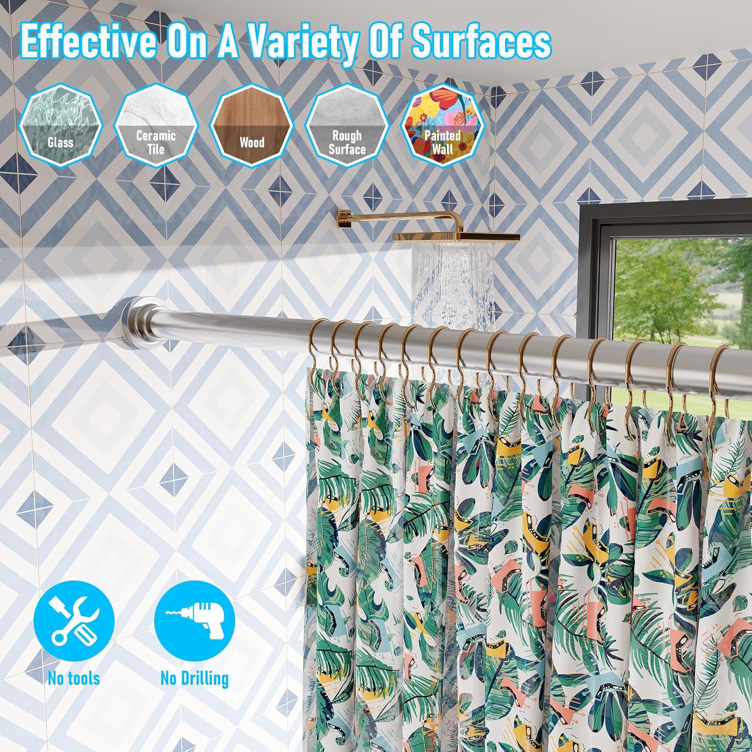 Tringle de douche robuste à tension de 1&nbsp;po de diamètre, tringles de rideau de douche réglables à 32 75&nbsp;po, antidérapantes, antirouille,