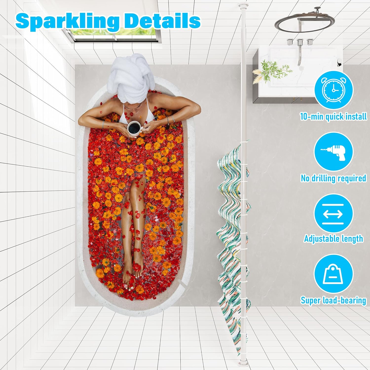 Tringle de douche robuste à tension de 1&nbsp;po de diamètre, tringles de rideau de douche réglables à 32 75&nbsp;po, antidérapantes, antirouille,