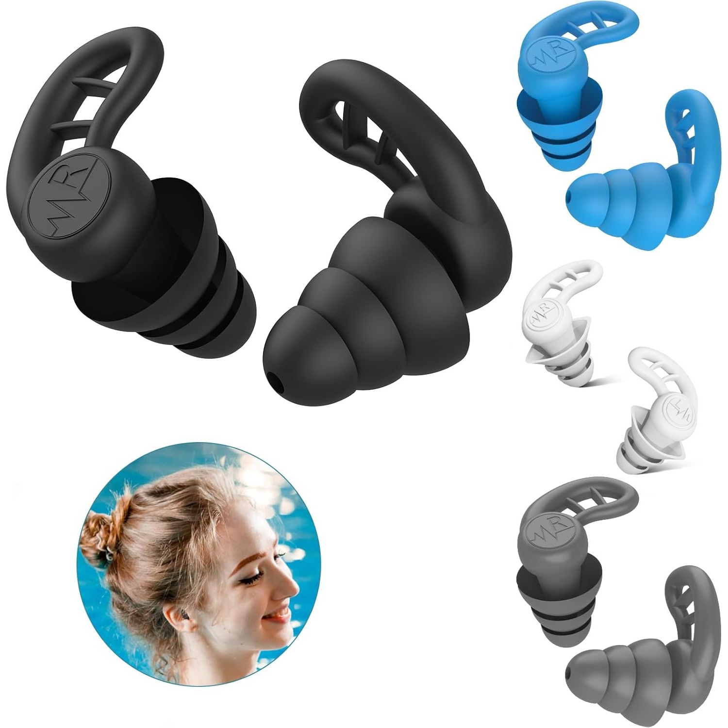 Bouchons d'oreille pour adultes, 4 paires de bouchons d'oreilles étanches réutilisables en silicone pour le surf plongée sous la douche plage,