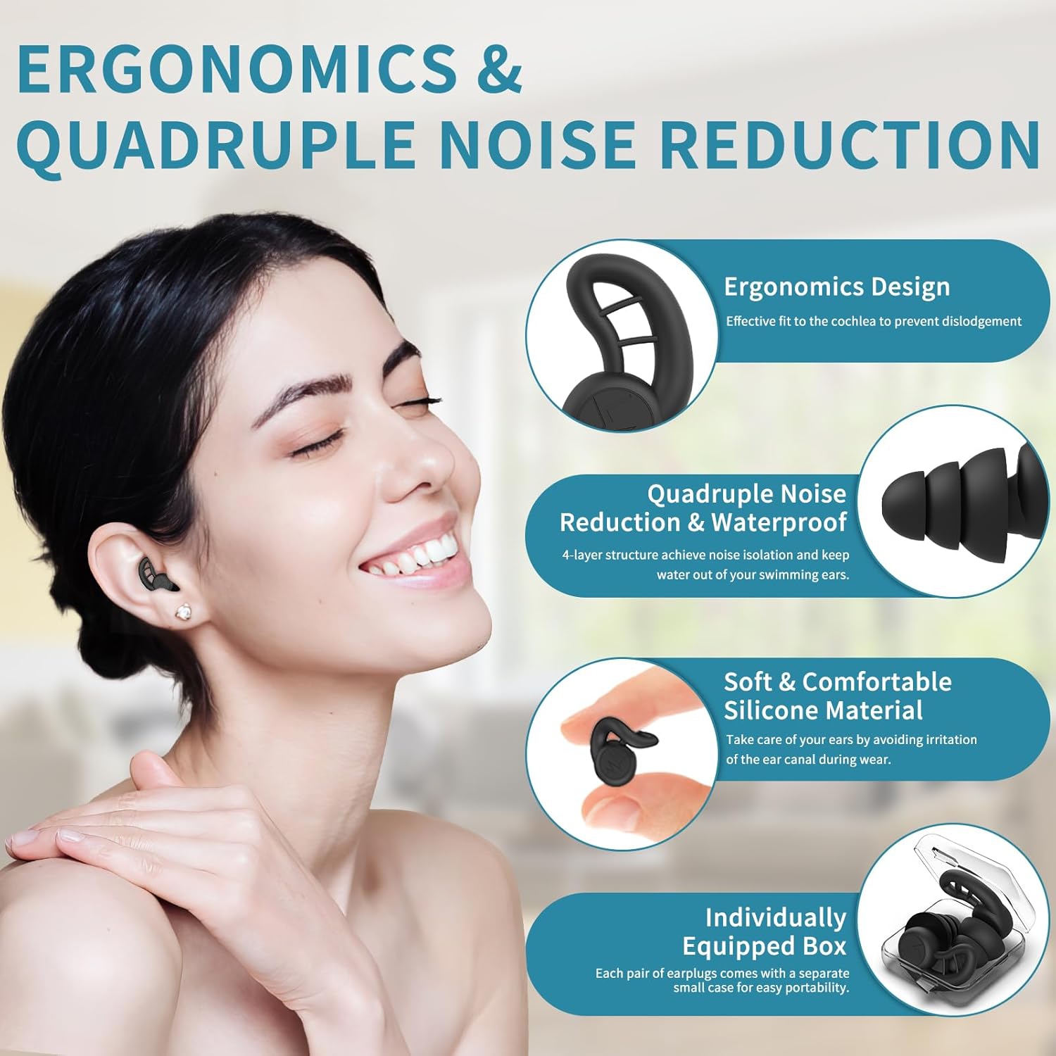 Bouchons d'oreille pour adultes, 4 paires de bouchons d'oreilles étanches réutilisables en silicone pour le surf plongée sous la douche plage,