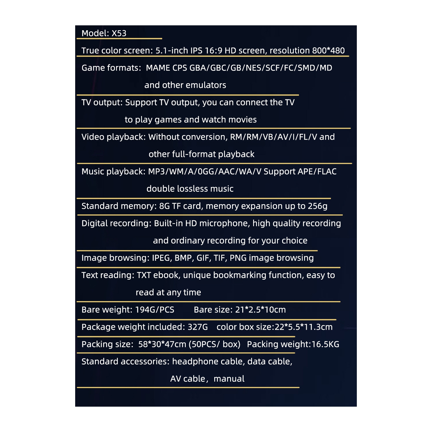 Console de jeu portative X53 Console de jeu à grand écran HD de 5,1 pouces connectée à un téléviseur rétro nostalgique GBA arcade, musique vidéo