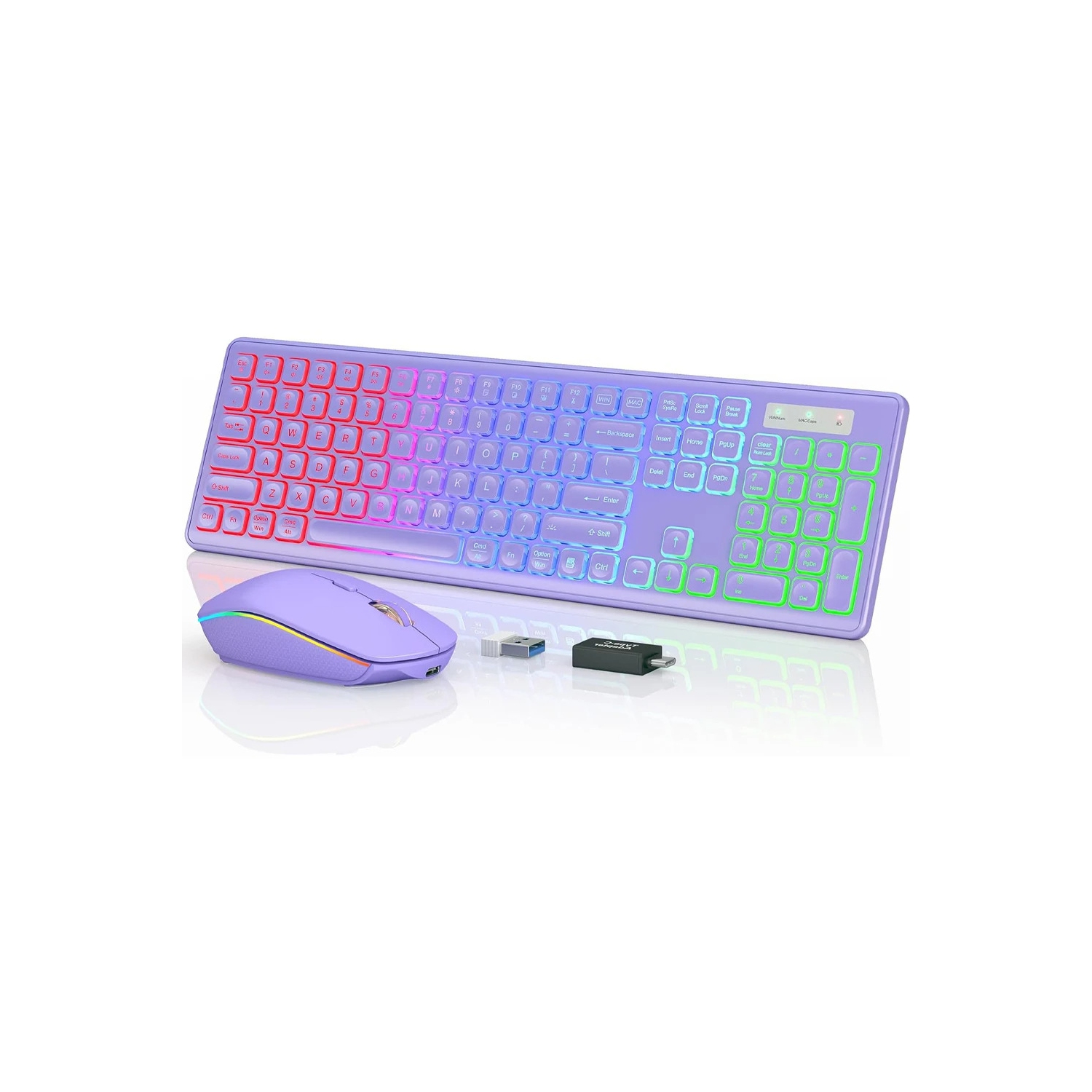 Backlit 2.4G Wireless Keyboard Mouse Combo Rechargeable RGB Full Size Ergonomic Tilt Angle Keys - Mouse + Keyboard - Purple