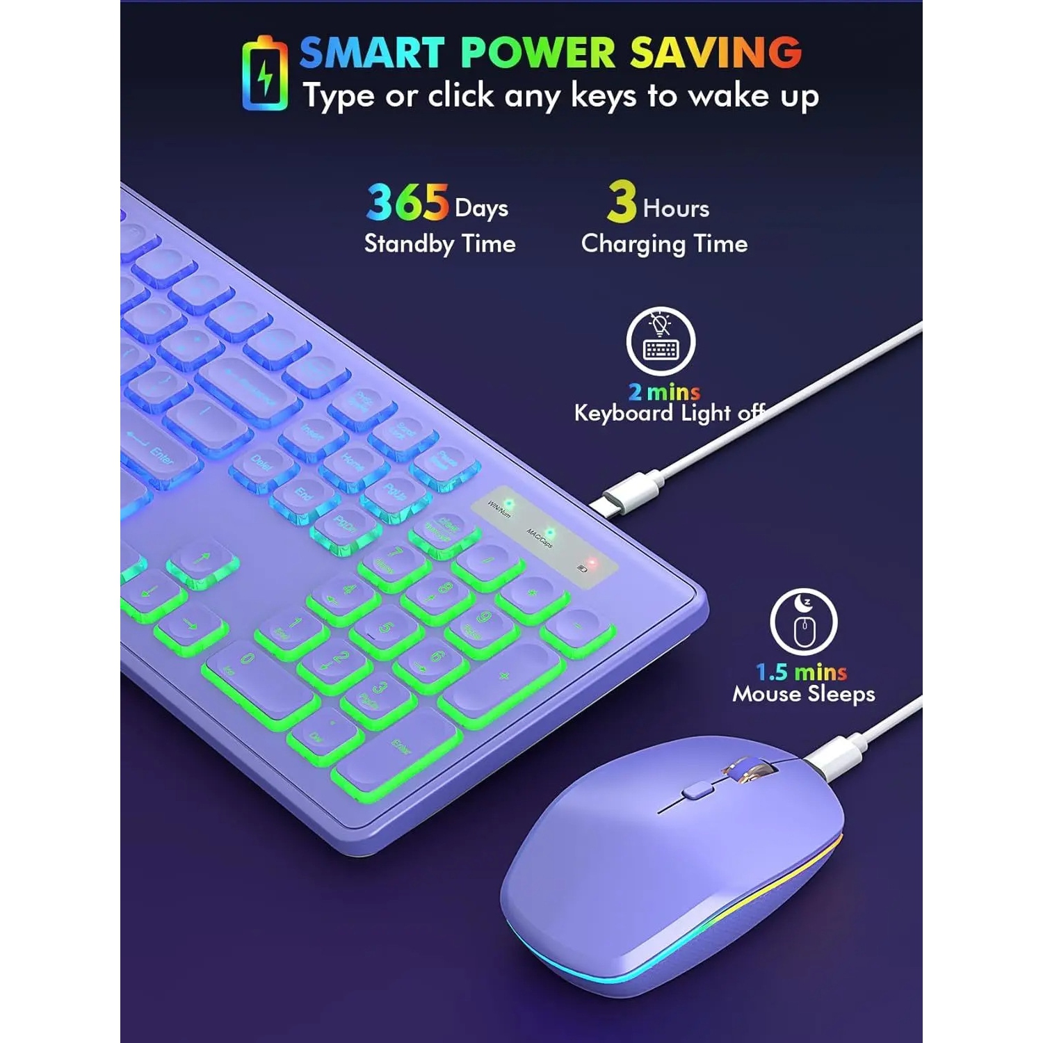 Backlit 2.4G Wireless Keyboard Mouse Combo Rechargeable RGB Full Size Ergonomic Tilt Angle Keys - Mouse + Keyboard - Purple