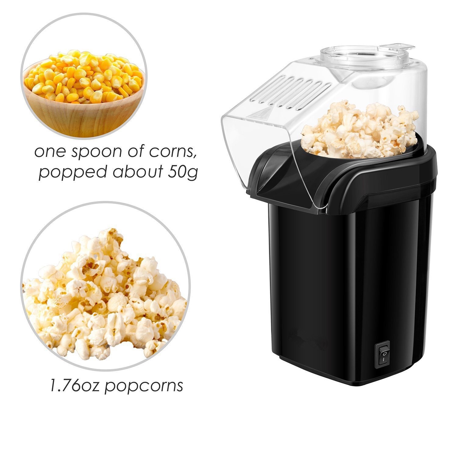 Popcorn machine small household electric mini popcorn machine 1200W, fully automatic healthy oil-free sugar-free corn popcorn machine - black