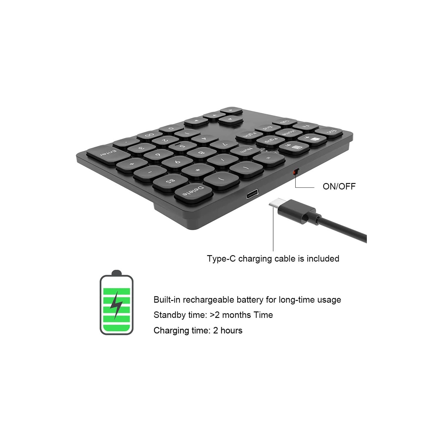 Rechargeable Dual Bluetooth Numeric Keypad Wireless Number Pad 36 Key External Data Entry Keyboard - Silver