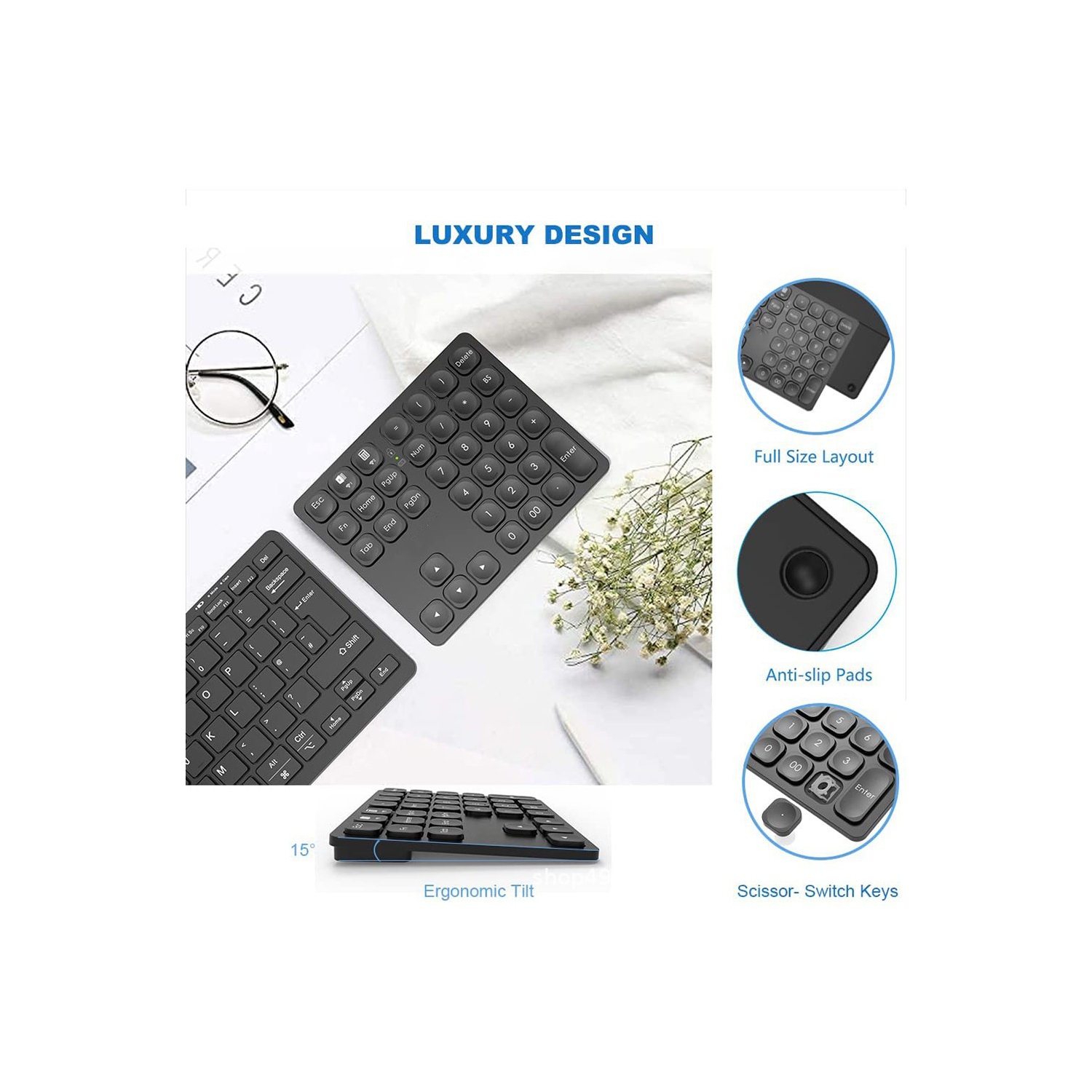 Rechargeable Dual Bluetooth Numeric Keypad Wireless Number Pad 36 Key External Data Entry Keyboard - Black