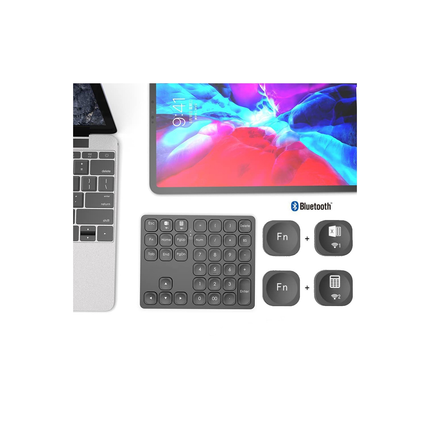 Rechargeable Dual Bluetooth Numeric Keypad Wireless Number Pad 36 Key External Data Entry Keyboard - Black