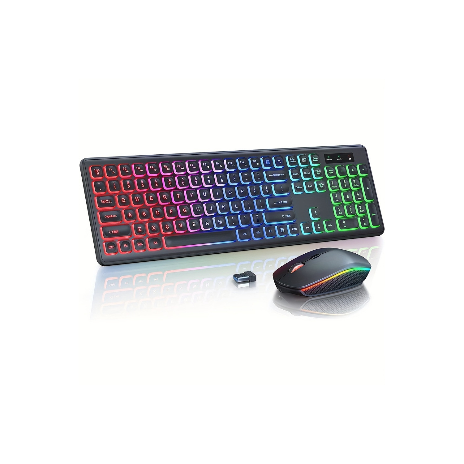 Backlit 2.4G Wireless Keyboard Mouse Combo Rechargeable RGB Full Size Ergonomic Tilt Angle Keys - Mouse + Keyboard - Black