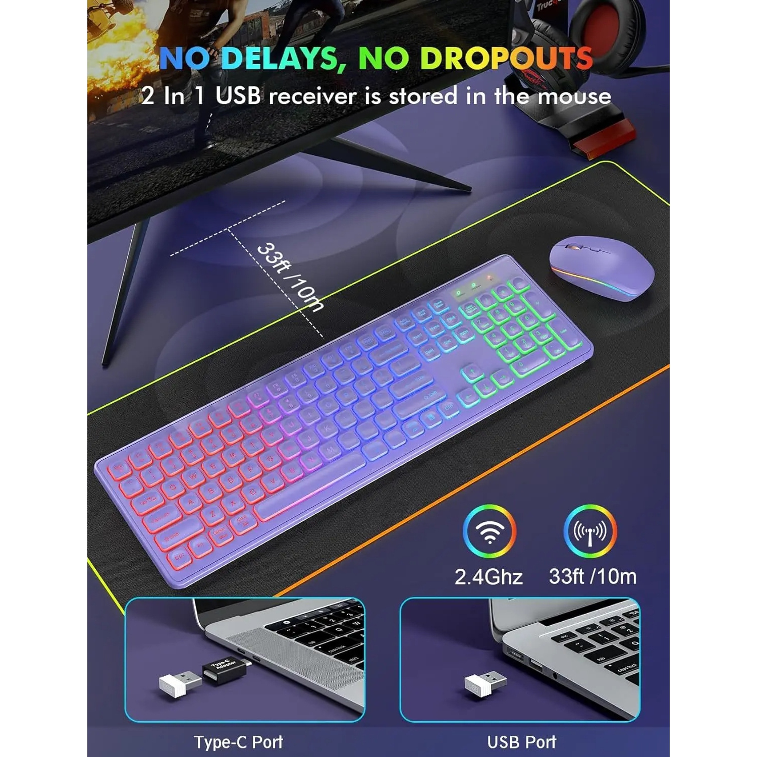 Backlit 2.4G Wireless Keyboard Mouse Combo Rechargeable RGB Full Size Ergonomic Tilt Angle Keys - Mouse + Keyboard - Black