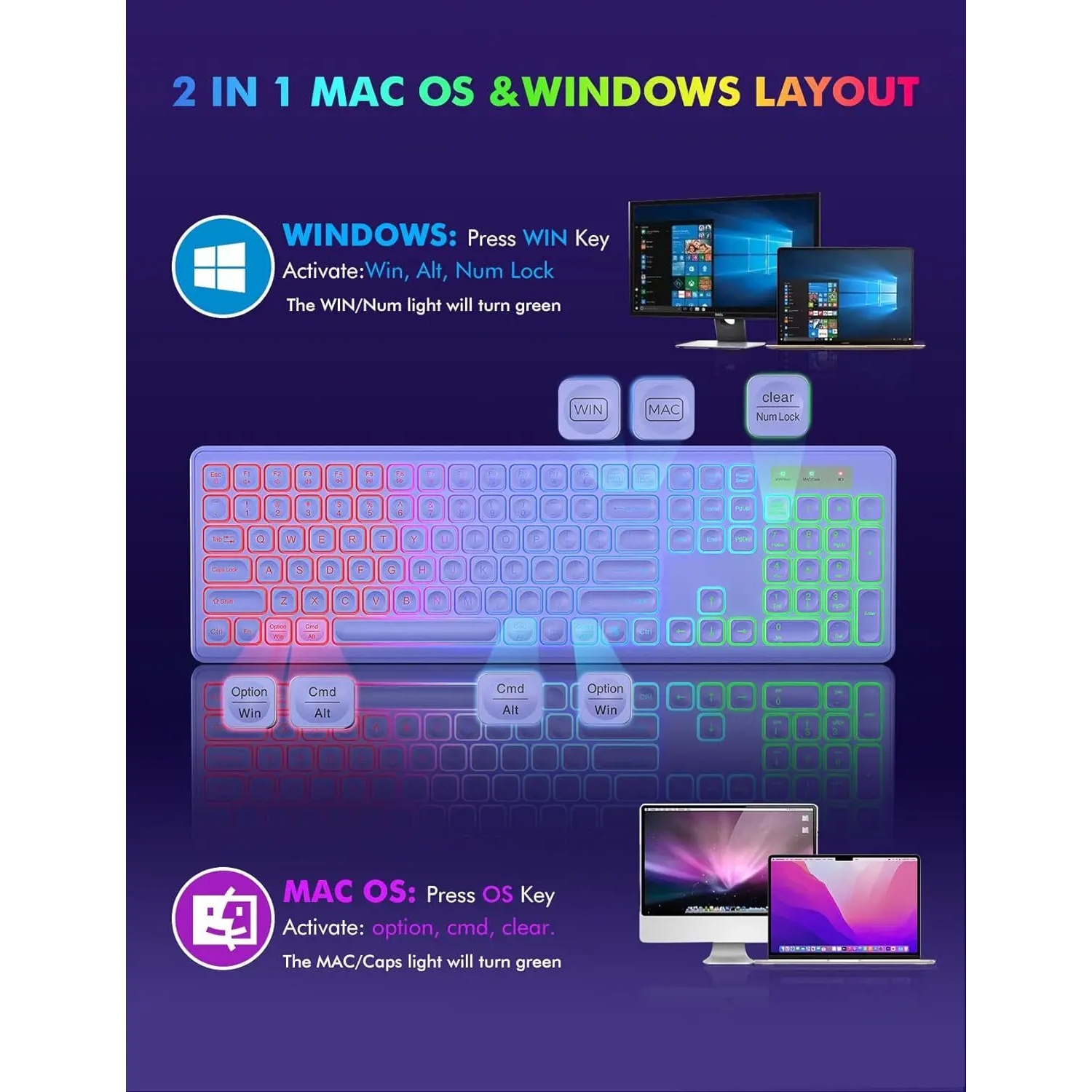 Backlit 2.4G Wireless Keyboard Mouse Combo Rechargeable RGB Full Size Ergonomic Tilt Angle Keys - Mouse + Keyboard - Black