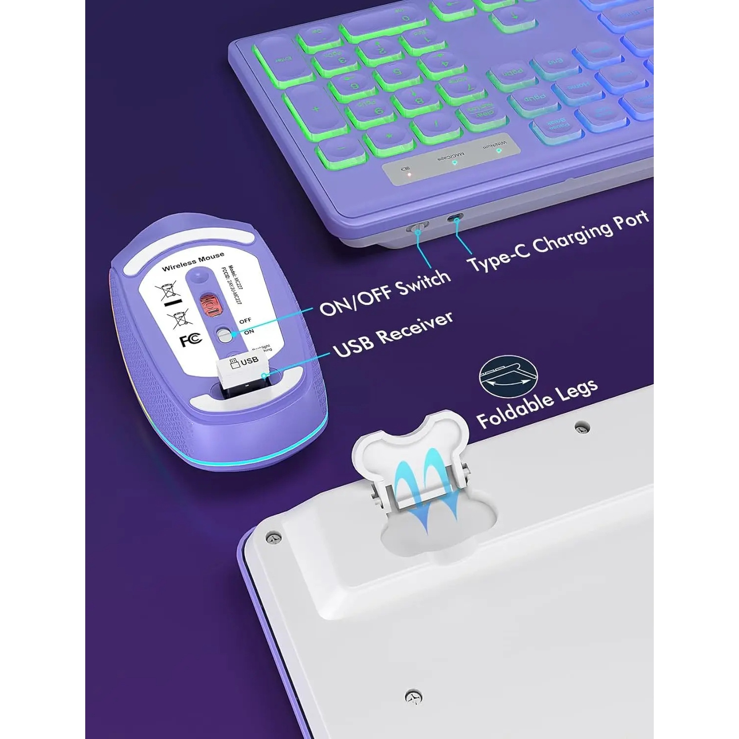 Backlit 2.4G Wireless Keyboard Mouse Combo Rechargeable RGB Full Size Ergonomic Tilt Angle Keys - Mouse + Keyboard - Black