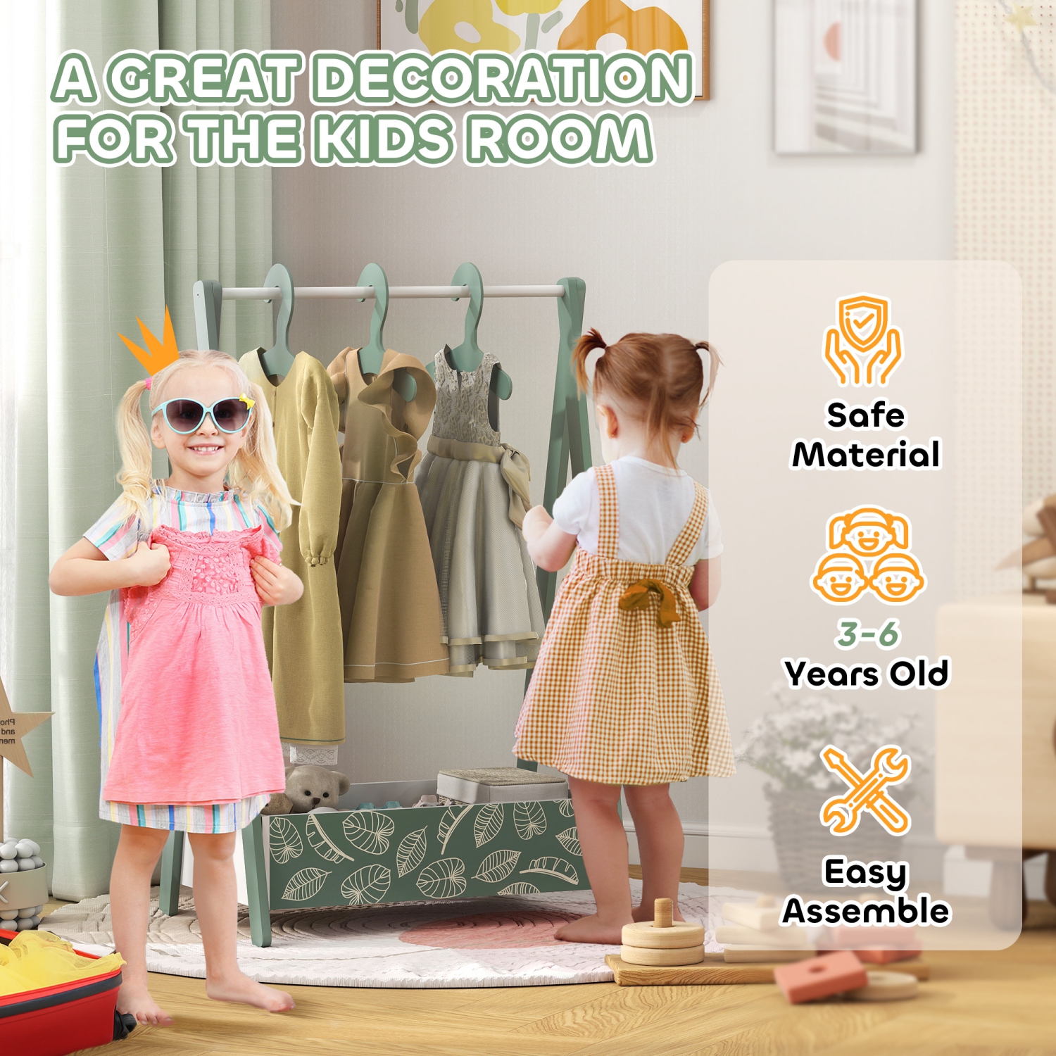 Qaba Kids Clothing Rack with Storage Shelf, Star Theme Kids Dress Up Rack with Hangers, Child Garment Hanger for Nursery Room, Living Room, Playroom,