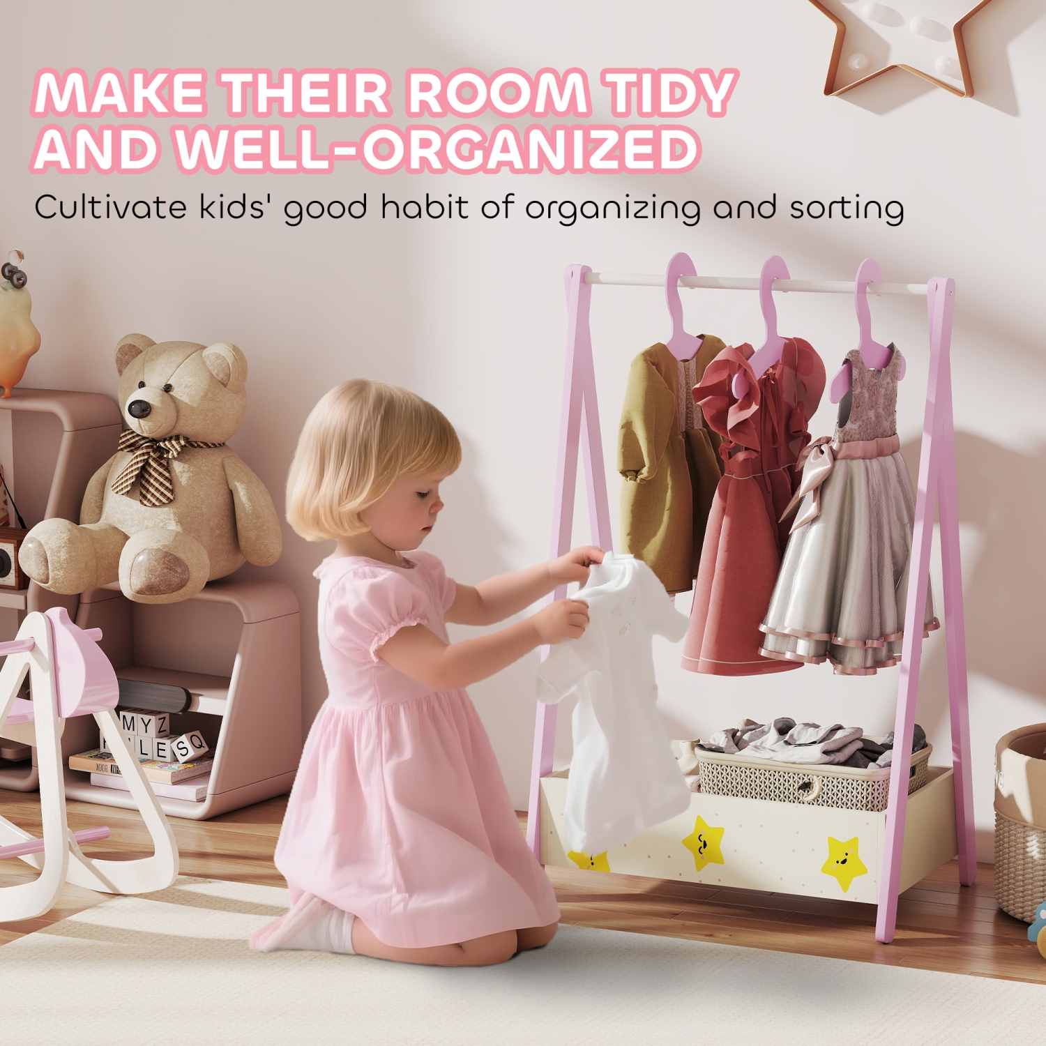 Support à vêtements pour enfants avec tablette de rangement de Qaba, porte-vêtements pour enfants à thème d'étoiles avec cintres, cintre à vêtements