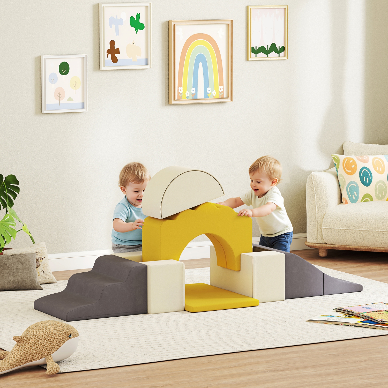 Qaba Baby Soft Play Set, 7-Piece Foam Climbing Blocks Set, Indoor Soft Play Gym Activity Play Set for Crawling, Sliding and Playing, Yellow