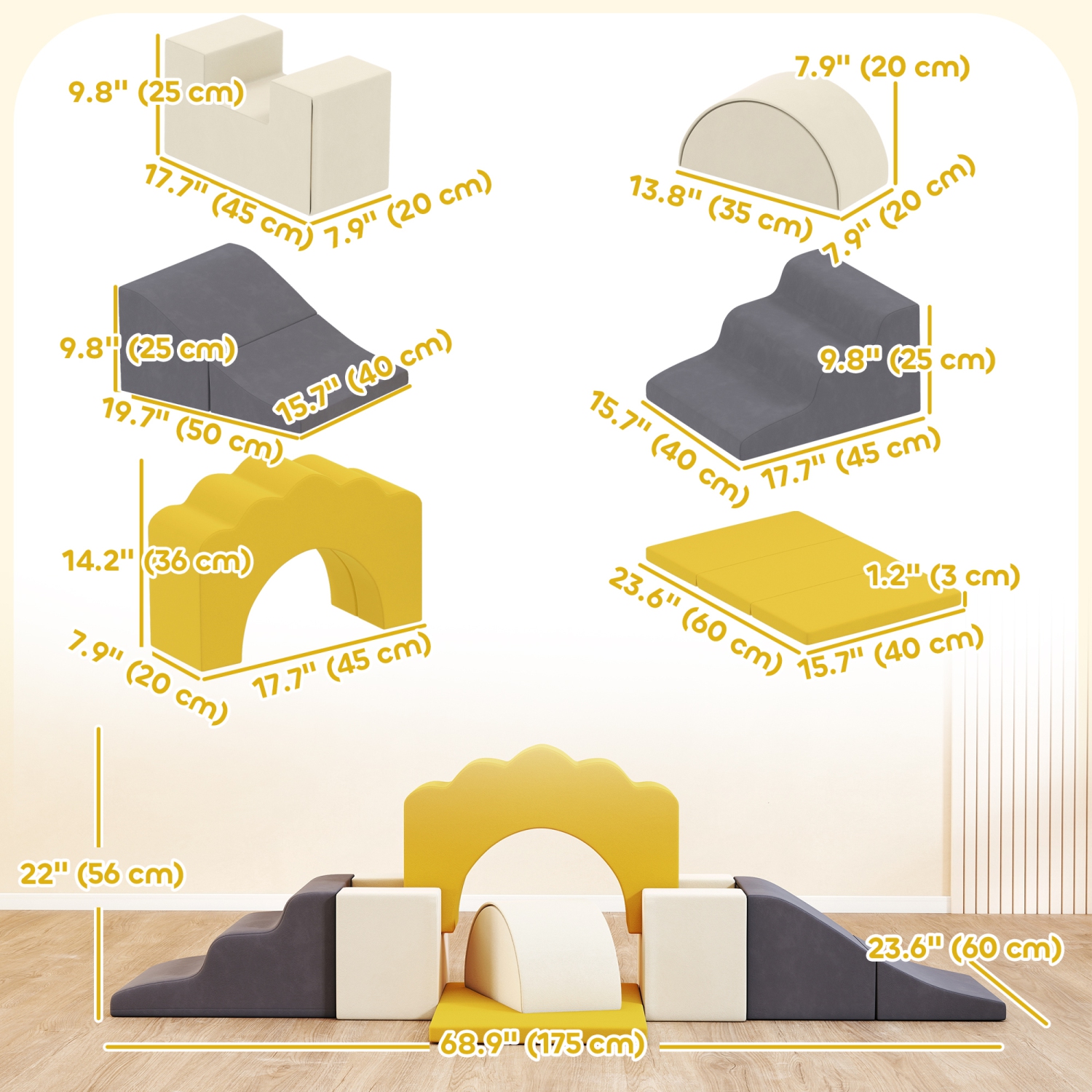 Qaba Baby Soft Play Set, 7-Piece Foam Climbing Blocks Set, Indoor Soft Play Gym Activity Play Set for Crawling, Sliding and Playing, Yellow