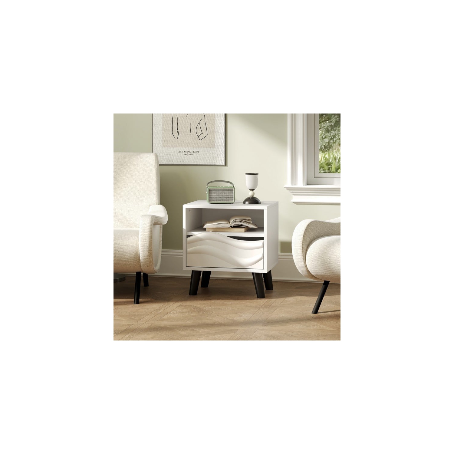 Table de chevet contemporaine – Tiroir avant ondulé 3D avec tablette de rangement ouverte