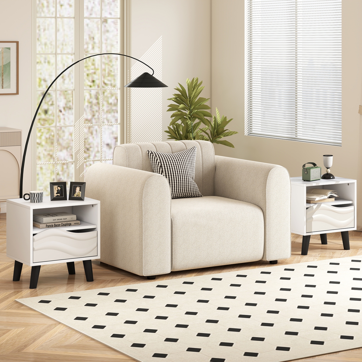 Table de chevet contemporaine – Tiroir avant ondulé 3D avec tablette de rangement ouverte