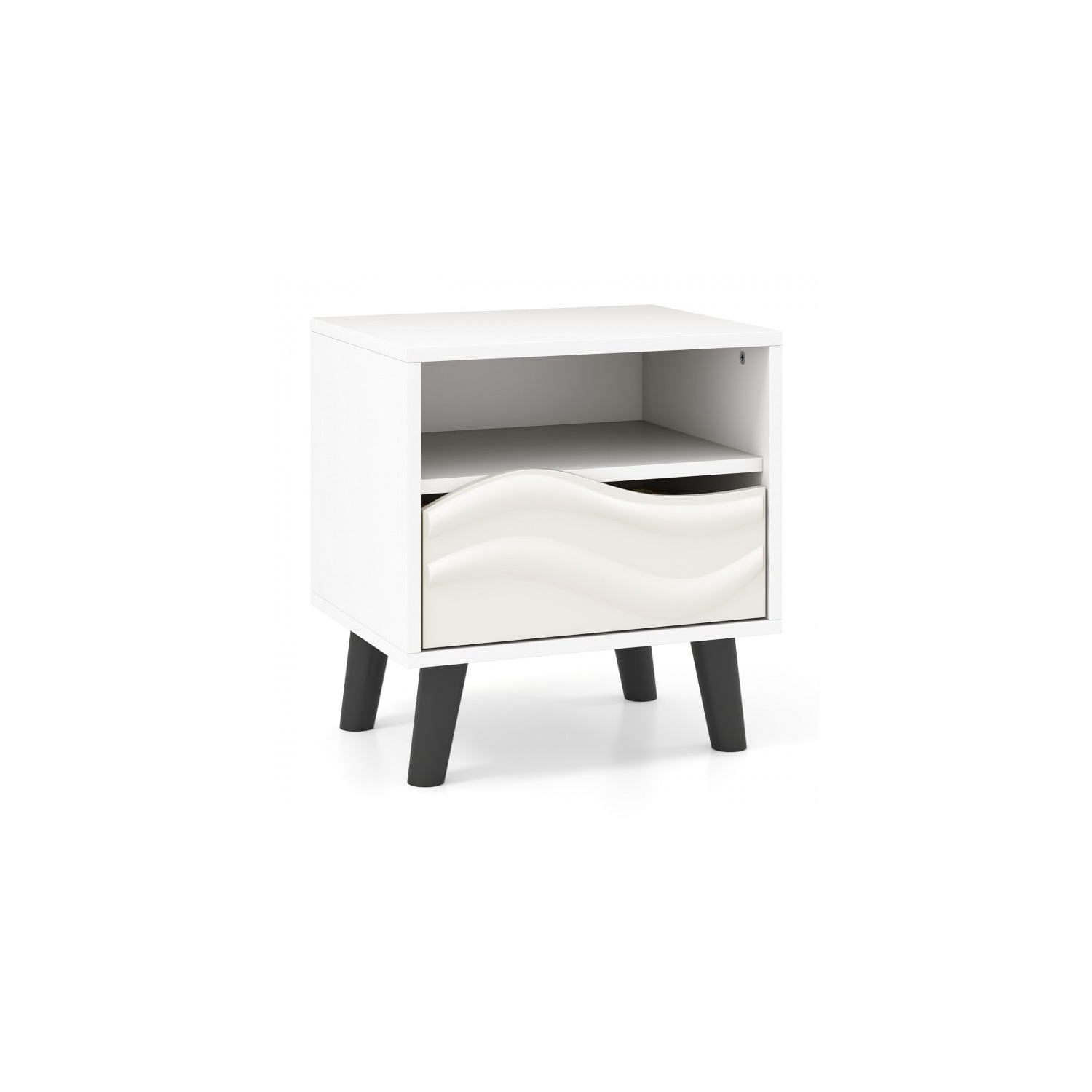 Table de chevet contemporaine – Tiroir avant ondulé 3D avec tablette de rangement ouverte