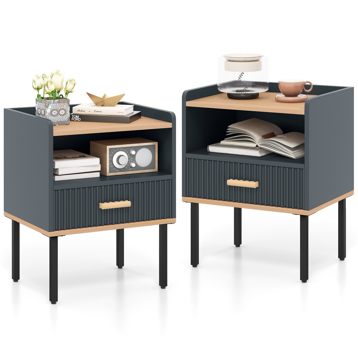 Ensemble de 2 tables de chevet avec tiroir de rangement et tablette ouverte pour la maison