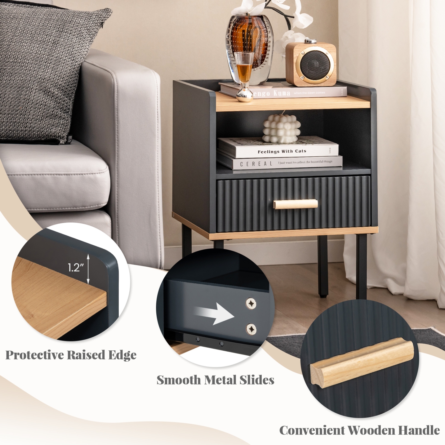 Ensemble de 2 tables de chevet avec tiroir de rangement et tablette ouverte pour la maison