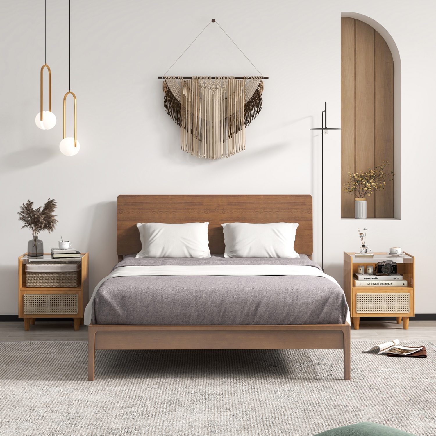 Ensemble de 2 tables de chevet en rotin avec tiroir et pattes en bois pour le rangement dans la chambre à coucher