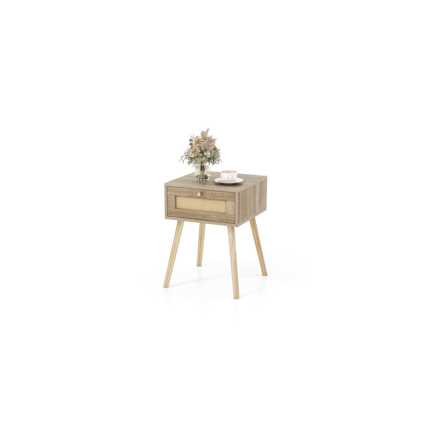 Modern Rattan Nightstand with Drawer and Solid Wood Legs for Bedroom and Living Room