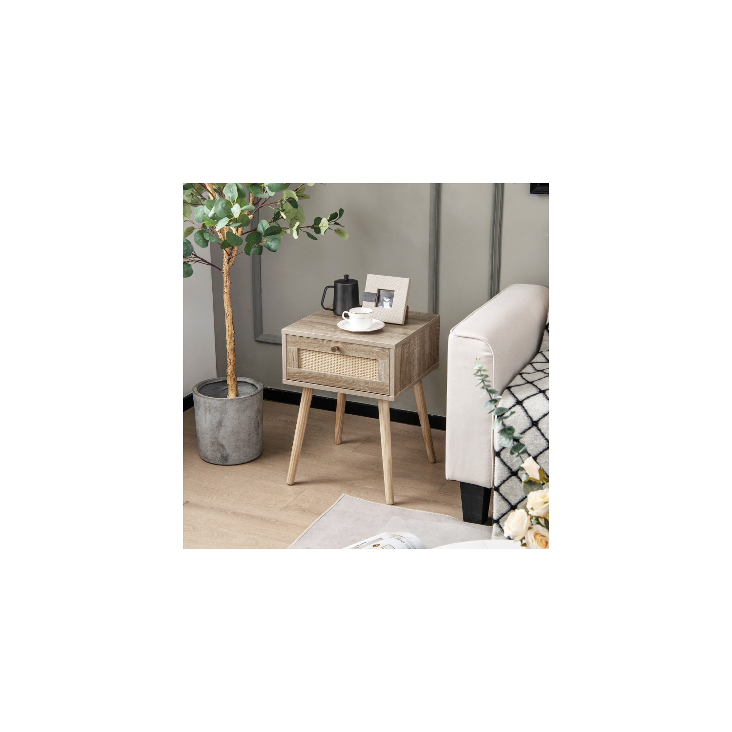 Modern Rattan Nightstand with Drawer and Solid Wood Legs for Bedroom and Living Room