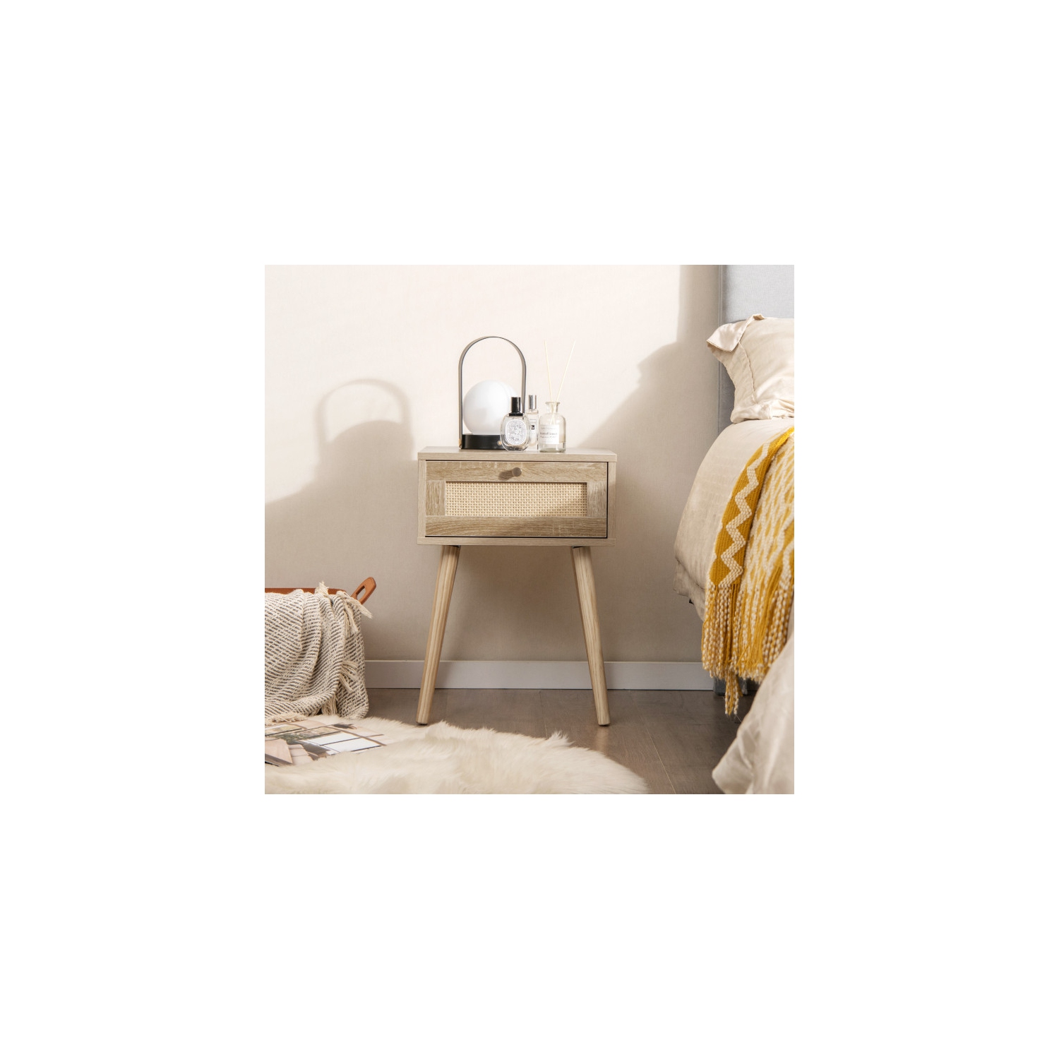 Modern Rattan Nightstand with Drawer and Solid Wood Legs for Bedroom and Living Room