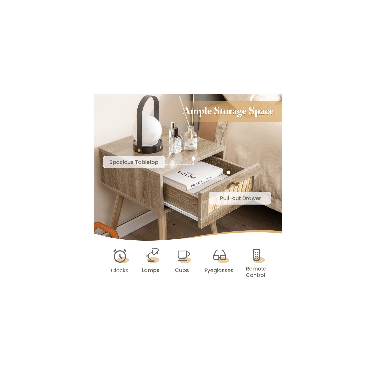 Modern Rattan Nightstand with Drawer and Solid Wood Legs for Bedroom and Living Room