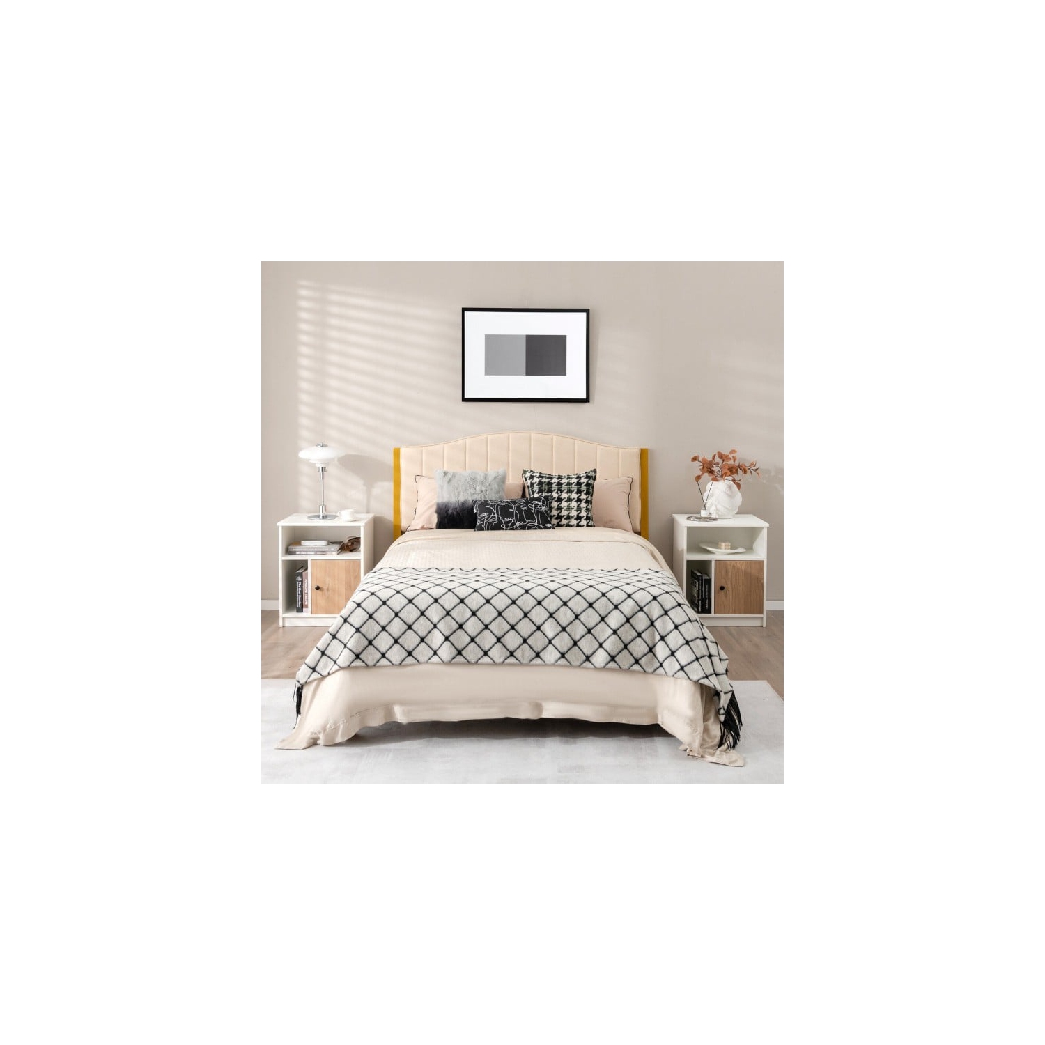 2-Piece Nightstand Set with Cabinet Door and Dual Open Shelves for Storage