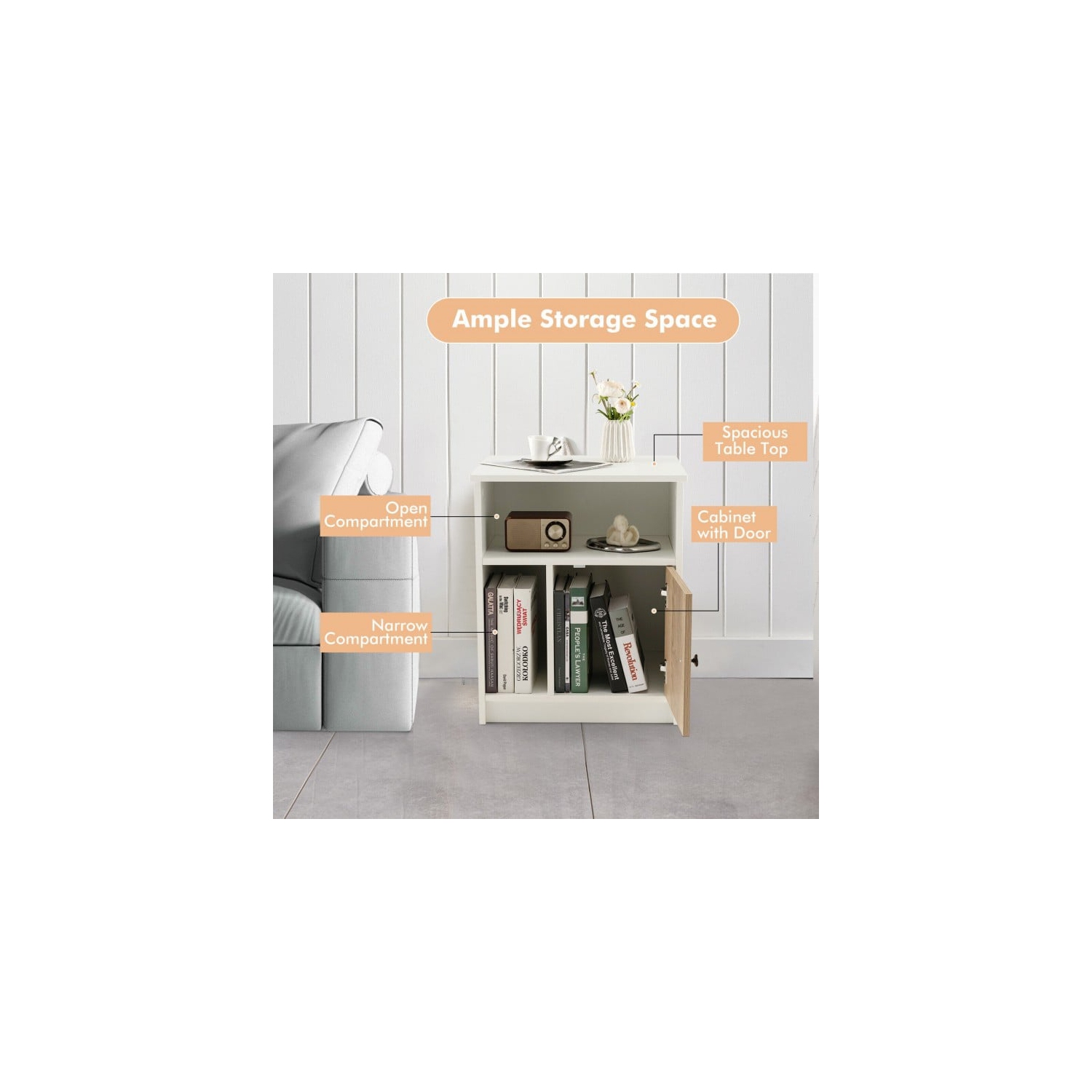 2-Piece Nightstand Set with Cabinet Door and Dual Open Shelves for Storage