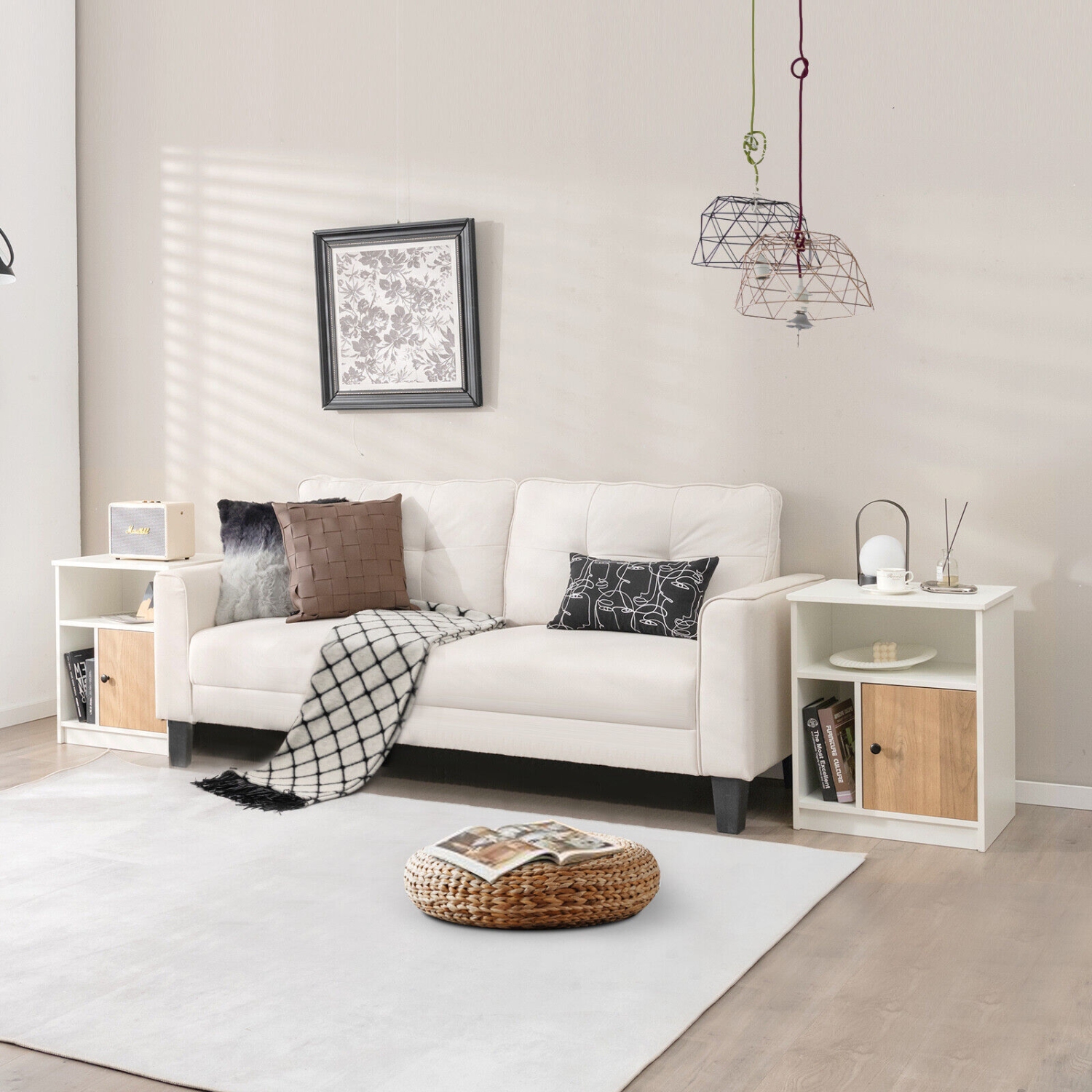 2-Piece Nightstand Set with Cabinet Door and Dual Open Shelves for Storage