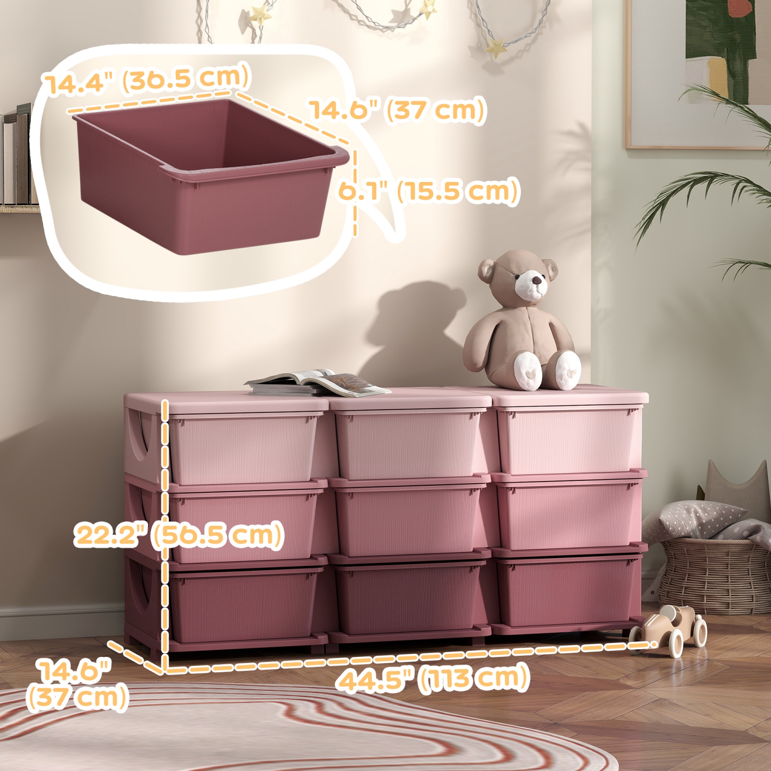 Qaba Kids Toy Storage Organizer with 9 Plastic Bins, 3 Tier Drawer Chest Utility for Kids Bedroom Nursery Kindergarten Living Room for Boys Girls