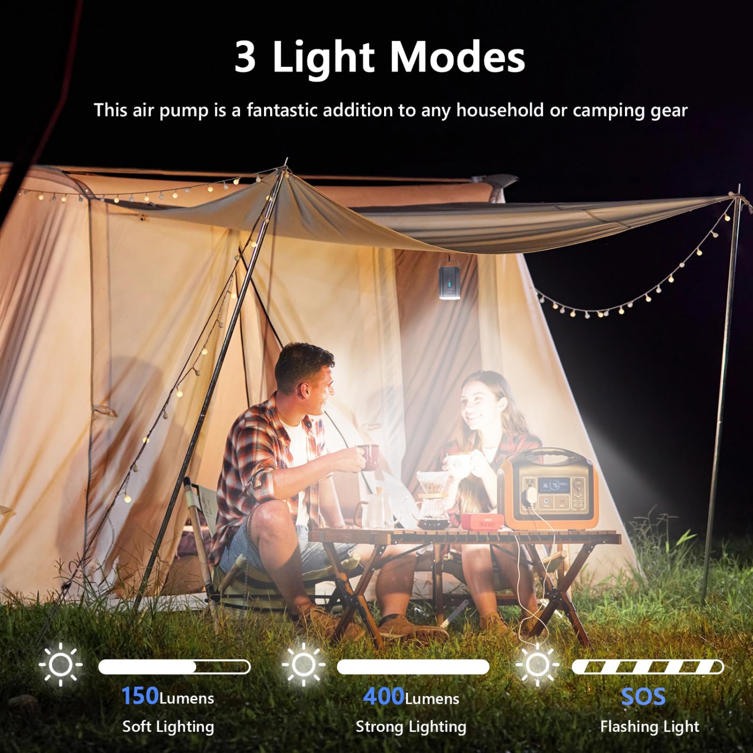 Mini pompe à air portative, gonfleur électrique rechargeable et pompe de dégonflage avec lampe de camping, adaptée à une utilisation à la maison et