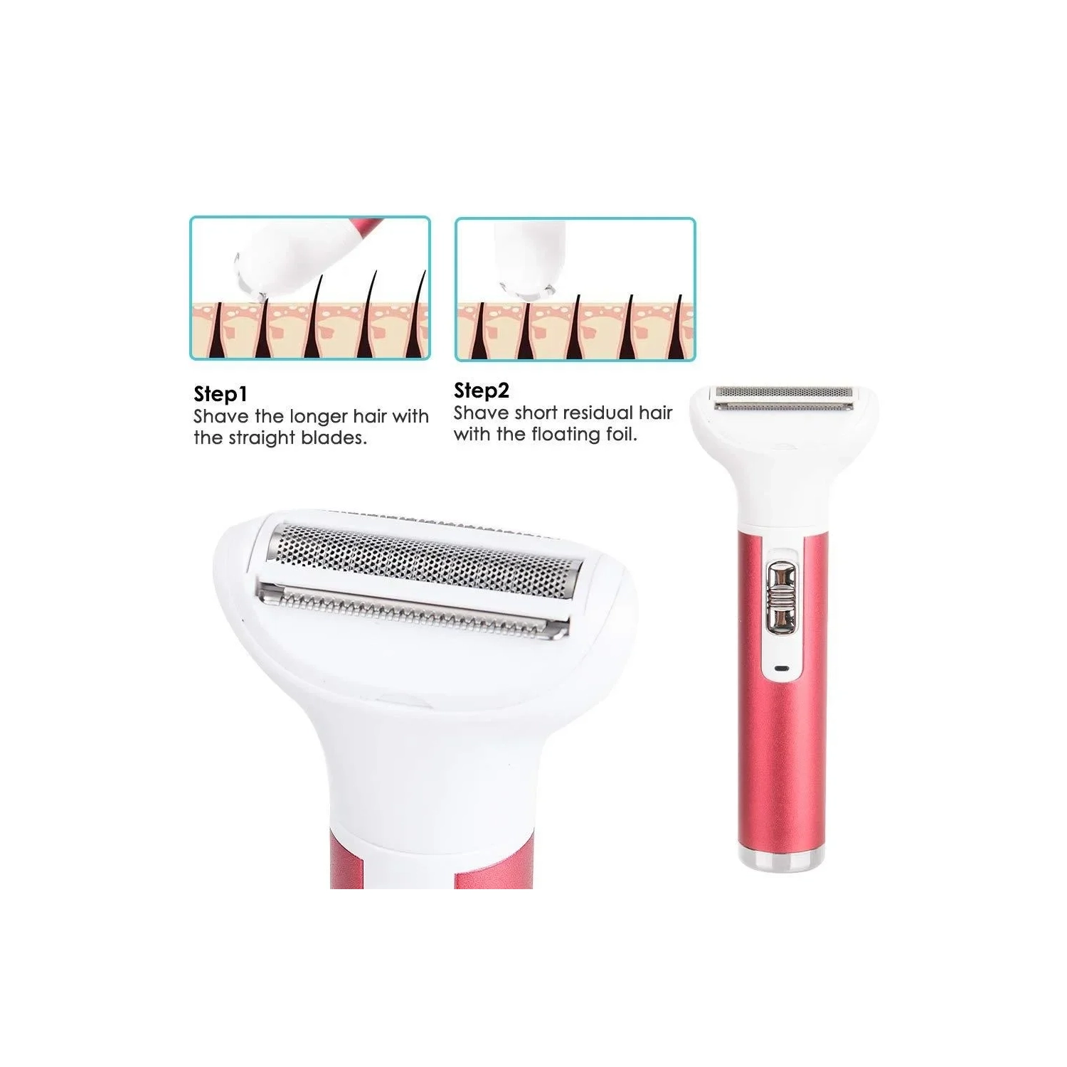 Rasoir électrique 5-en-1 pour femmes, tondeuse pour poils de nez, épilateur pour le visage et tondeuse bikini, rechargeable par USB pour les voyages